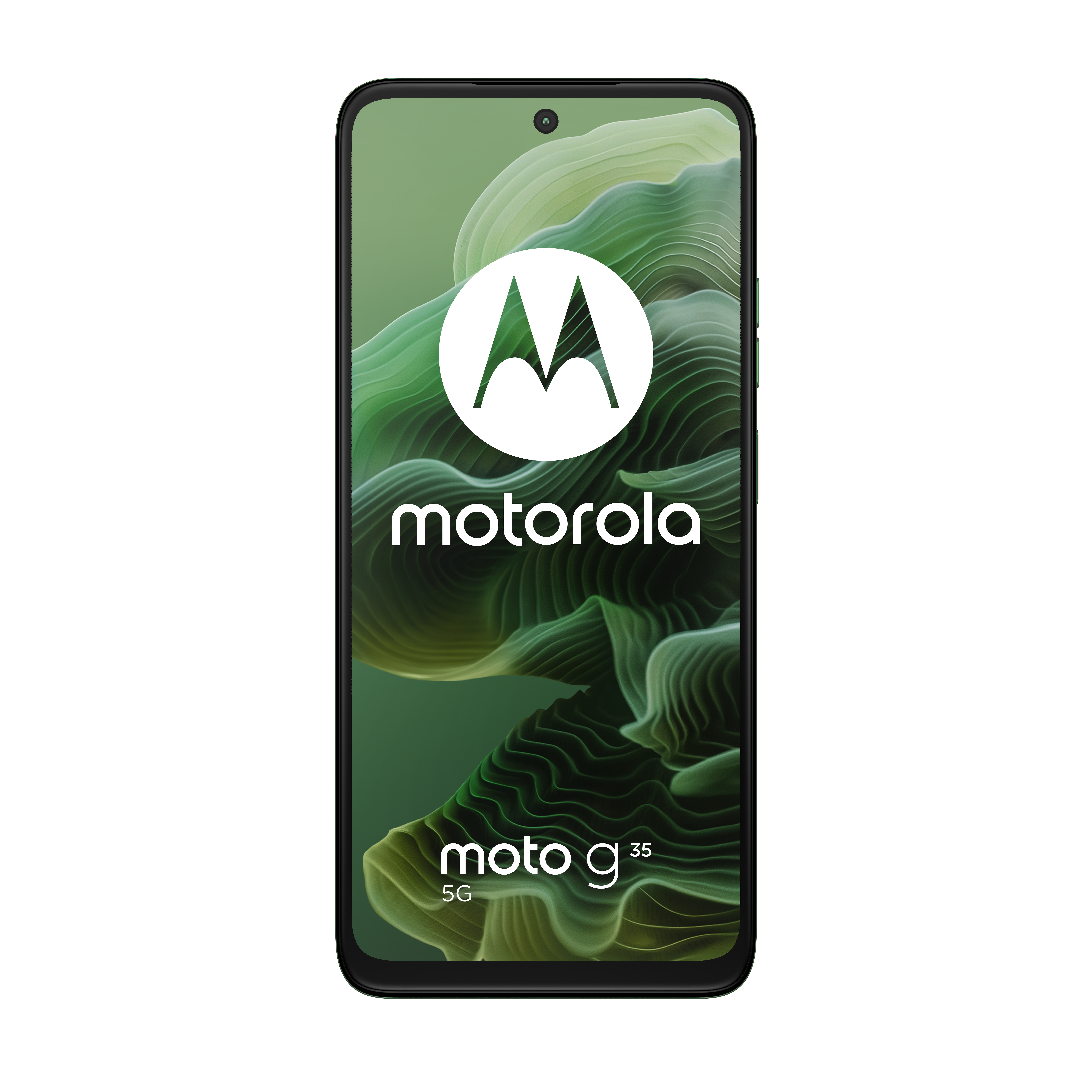 Czarny smartfon Motorola Moto G35 5G z zielono-białym tłem.