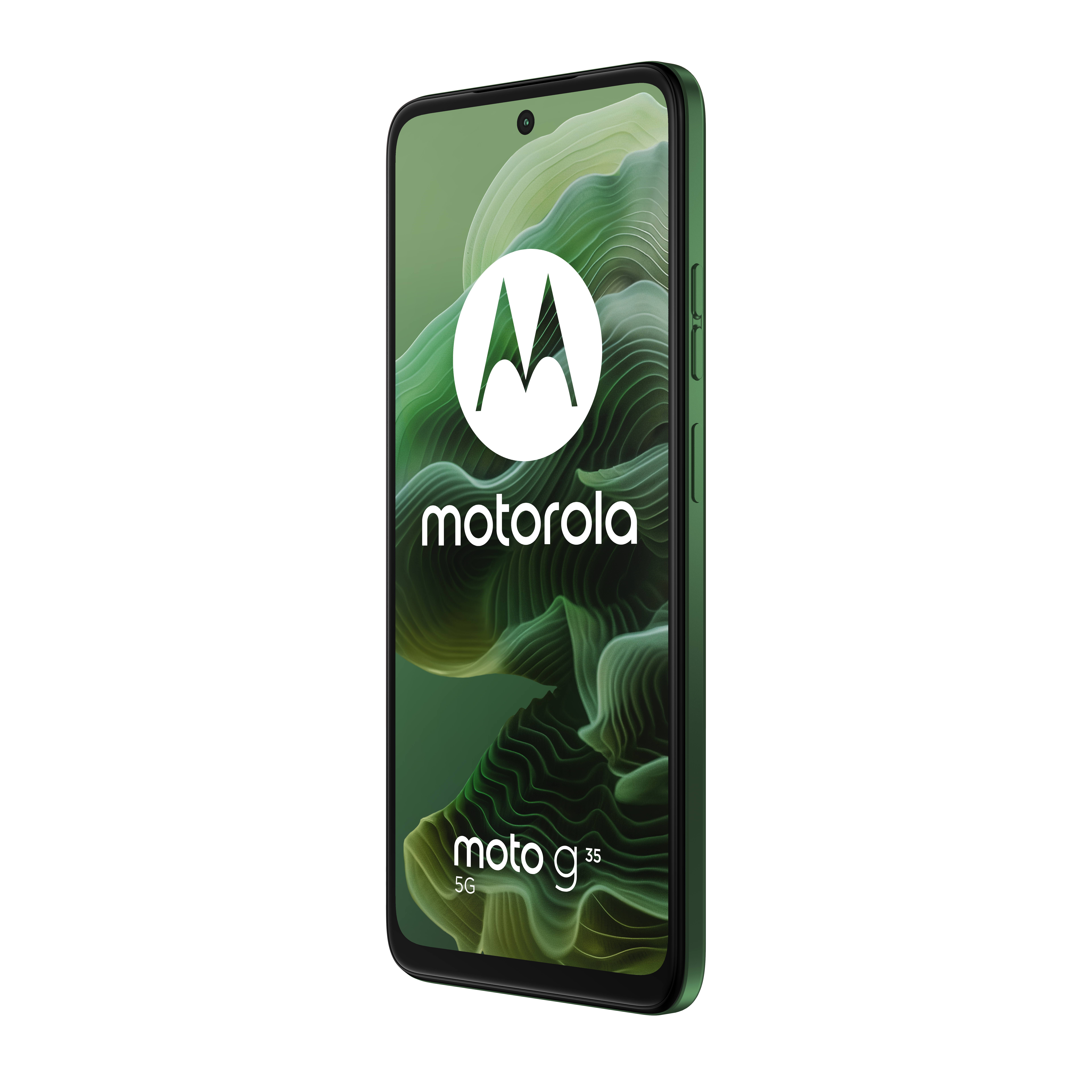 Zielony smartfon Motorola Moto g35 5G z zielonym tyłem i logo Motorola wyświetlanym na ekranie.