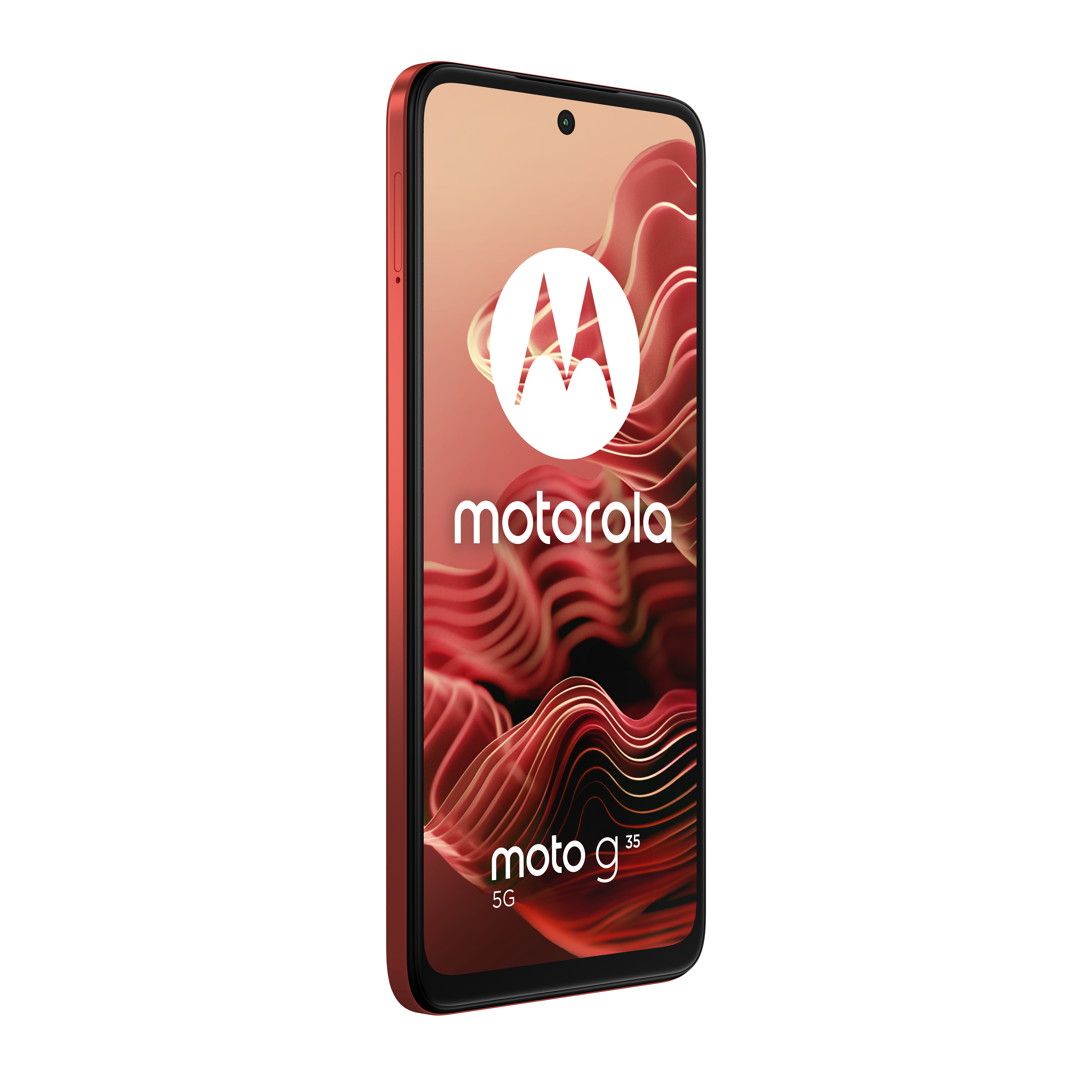 Czerwony smartfon z logo motorola na ekranie. Ma czarną ramkę i pojedynczy aparat.