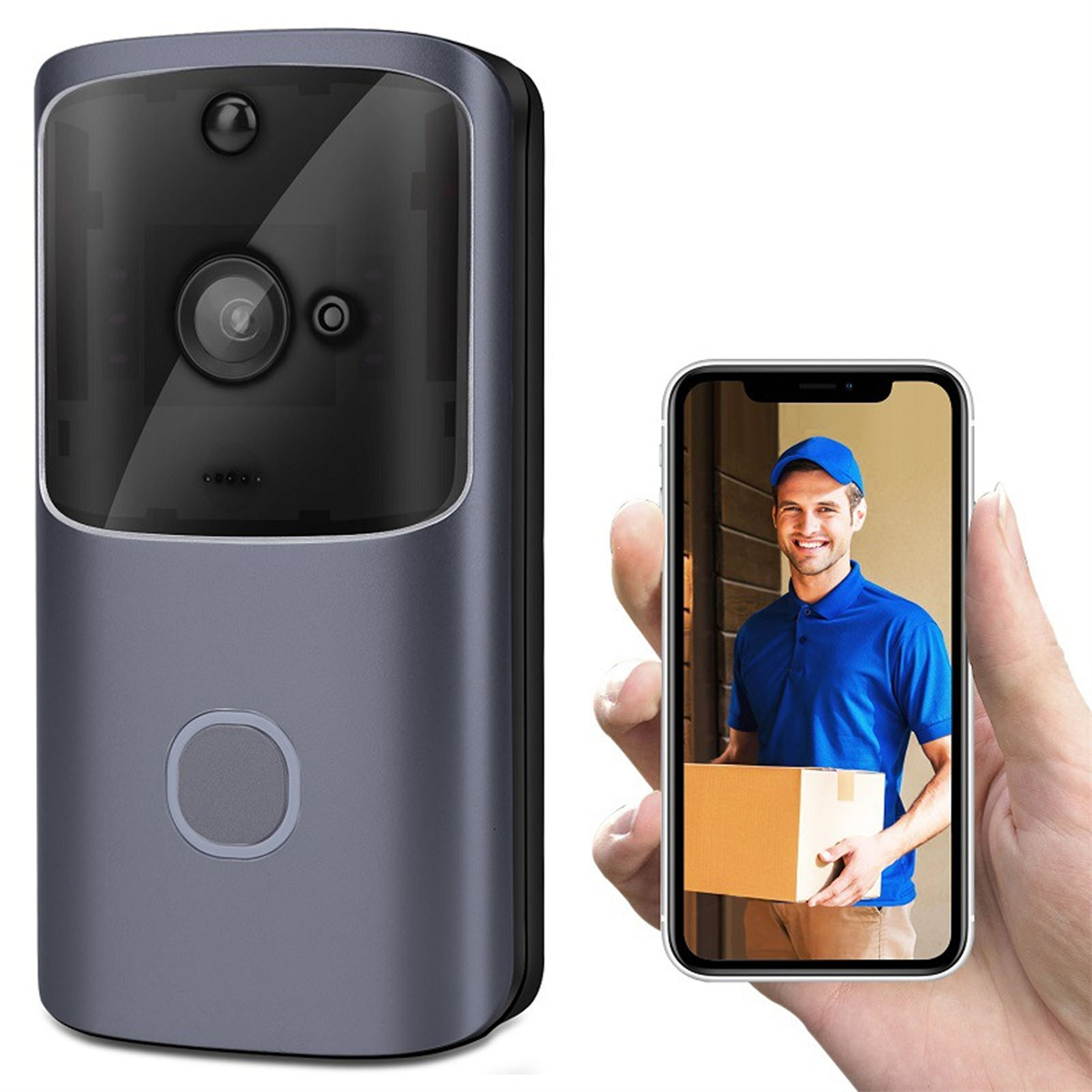 Eine Türklingel mit Kamera. Ein Telefon zeigt einen Zusteller mit einem Paket.