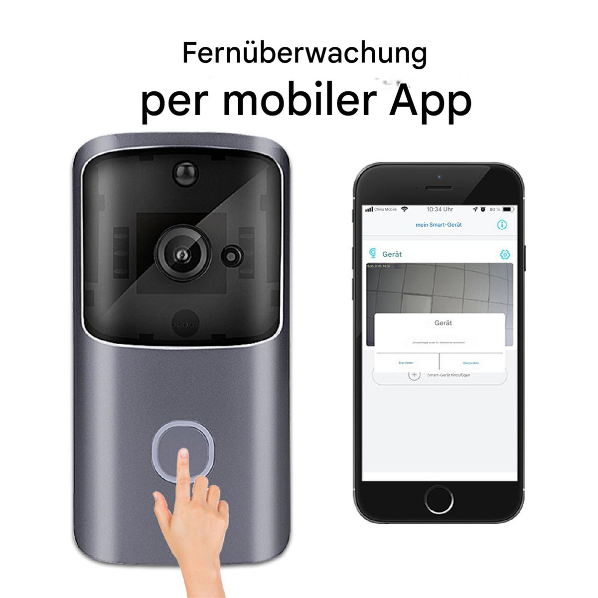 Eine intelligente Türklingel mit Hand, die den Knopf drückt, mit Telefon, das App zeigt.