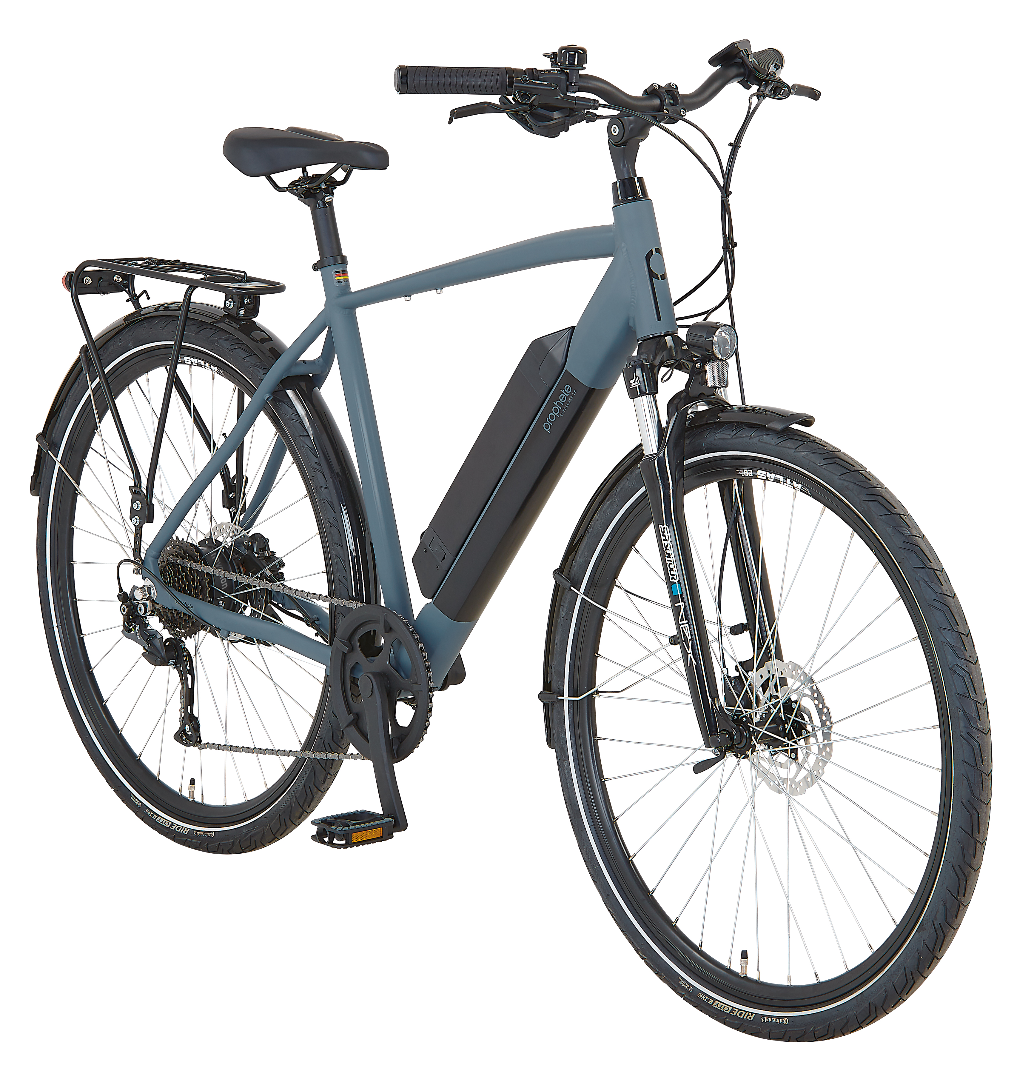 Ein graues Elektrofahrrad mit schwarzem Akku auf weißem Hintergrund. Das Fahrrad zeigt nach links.
