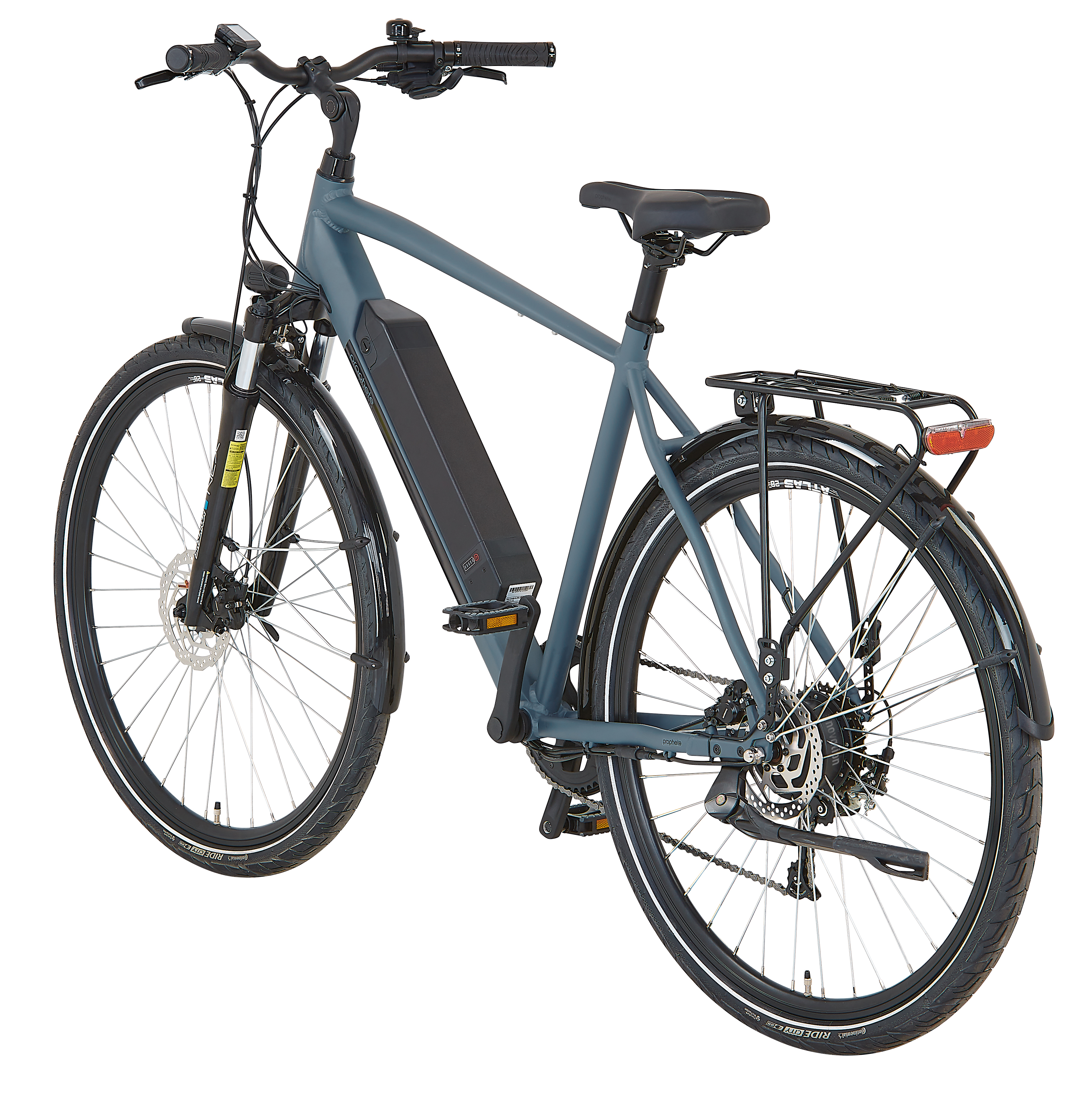 Blaues Elektrofahrrad auf weißem Hintergrund, mit schwarzen Reifen und einem Akku.