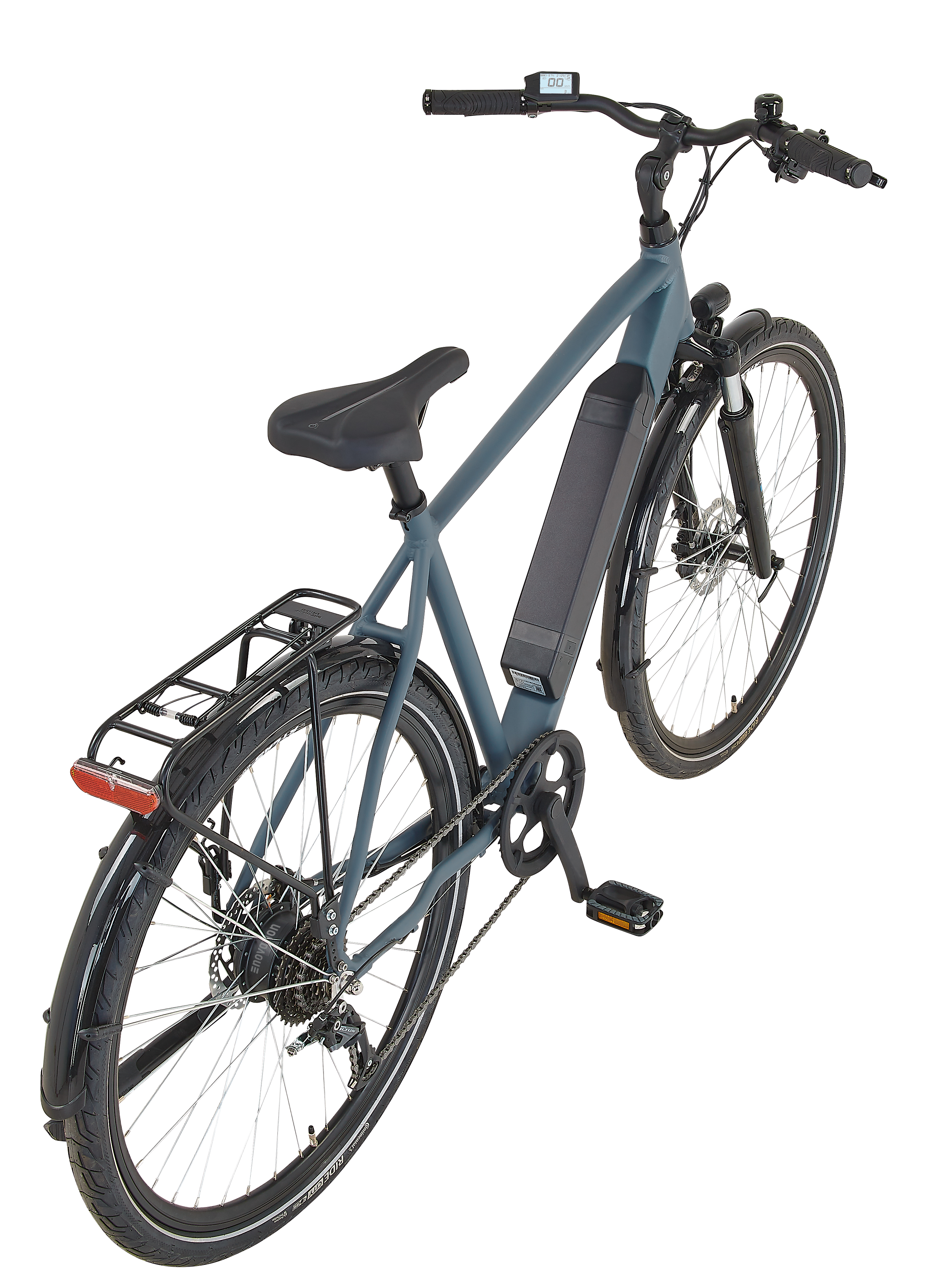 Dunkelgraues Elektrofahrrad mit schwarzen Komponenten, auf weißem Hintergrund.