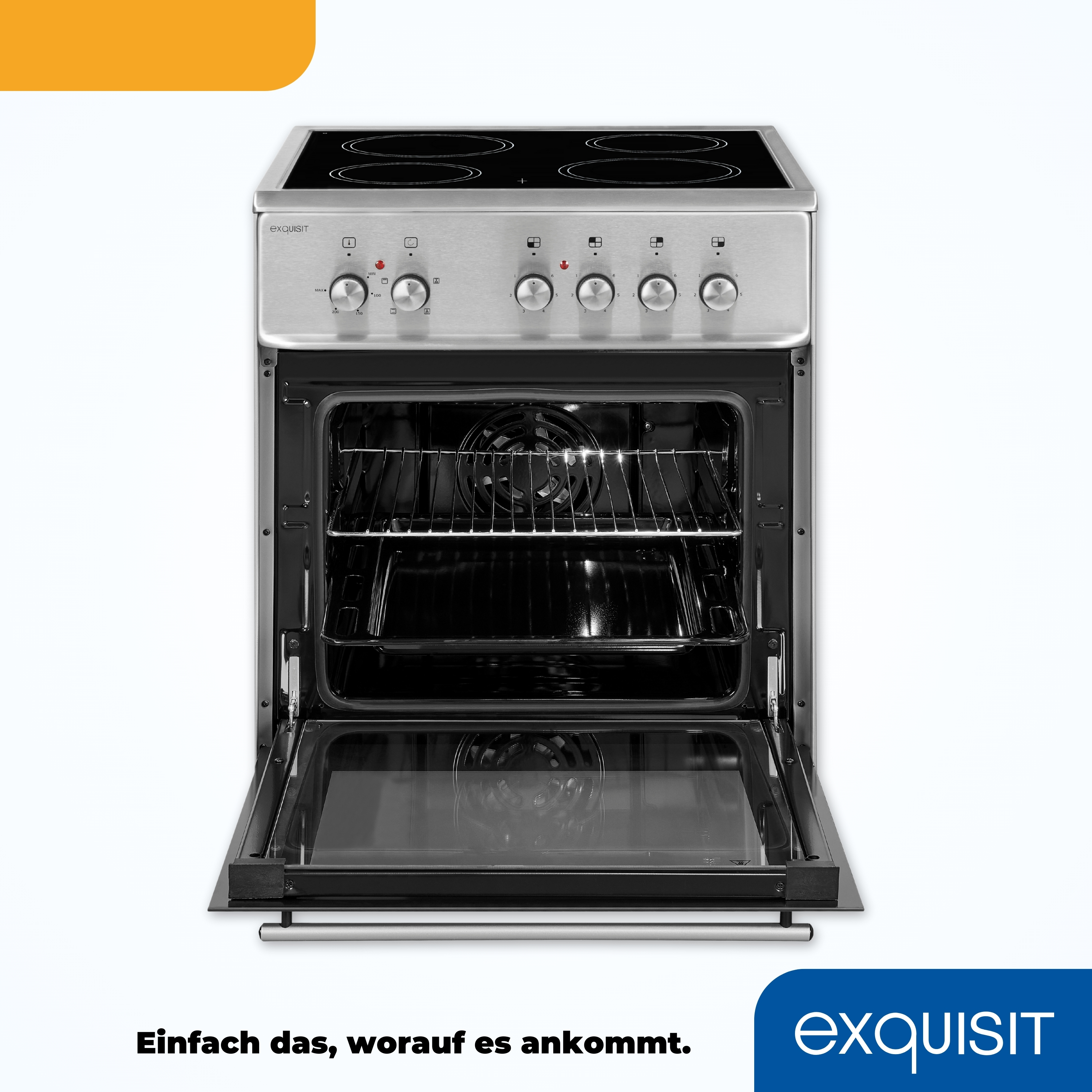 Ein Elektroherd mit geöffneter Tür. Der Ofen ist silberfarben und hat vier Kochfelder.