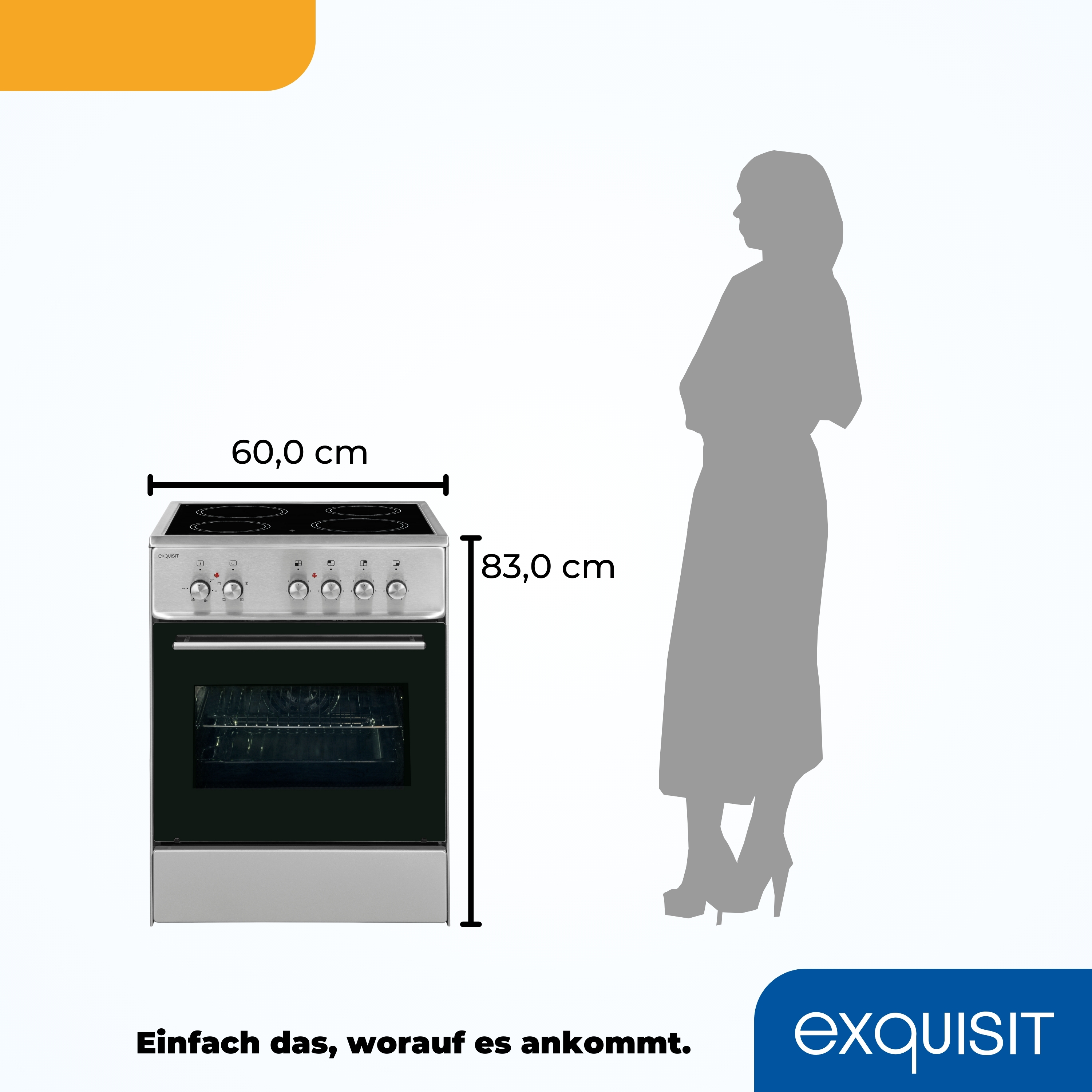 Elektrischer Ofen mit Maßen neben einer Personensilhouette, darunter Text.