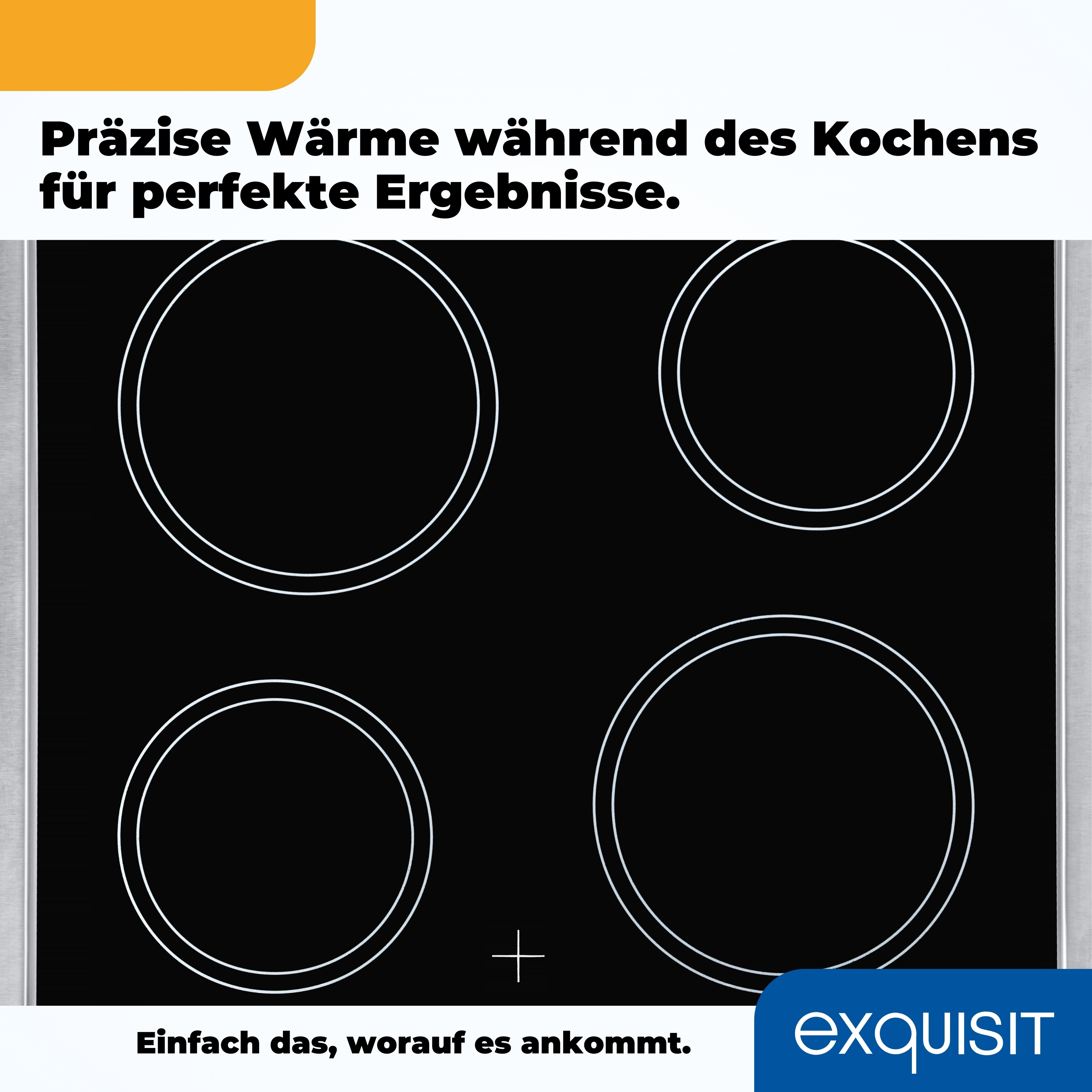 Schwarzes Kochfeld mit vier kreisförmigen Heizelementen. Text auf Deutsch.