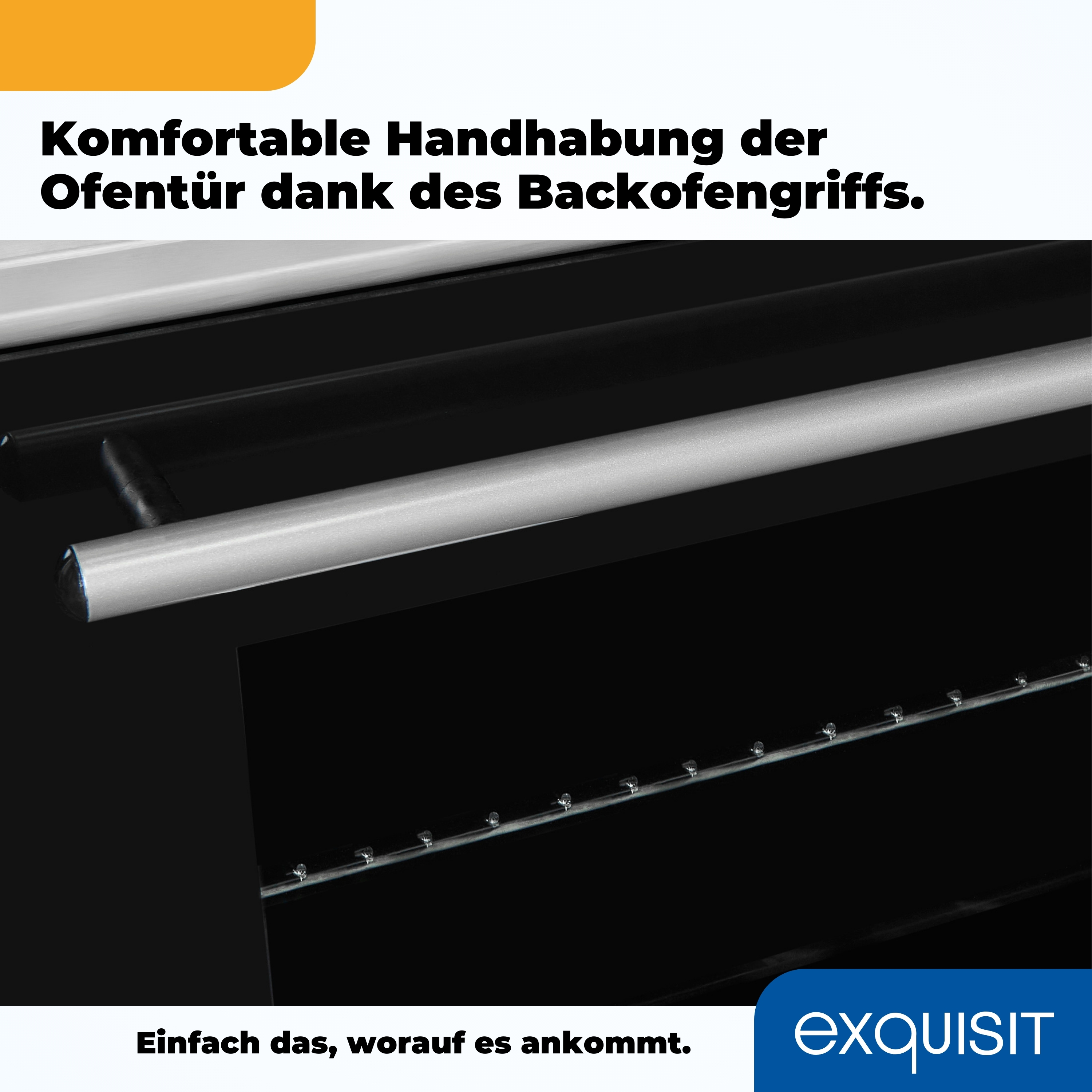 Ein Ofengriff mit Text, vor einer schwarzen Backofentür.