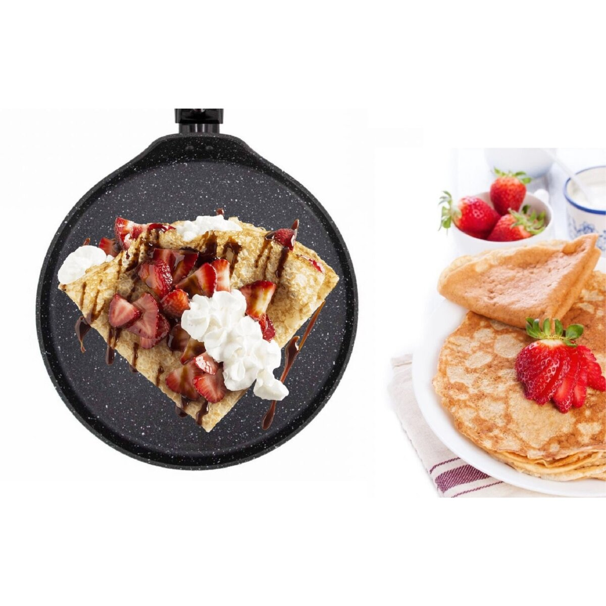 Crêpe mit Erdbeeren und Schlagsahne auf einer Grillplatte, plus Crepes und Erdbeeren auf Weiß.