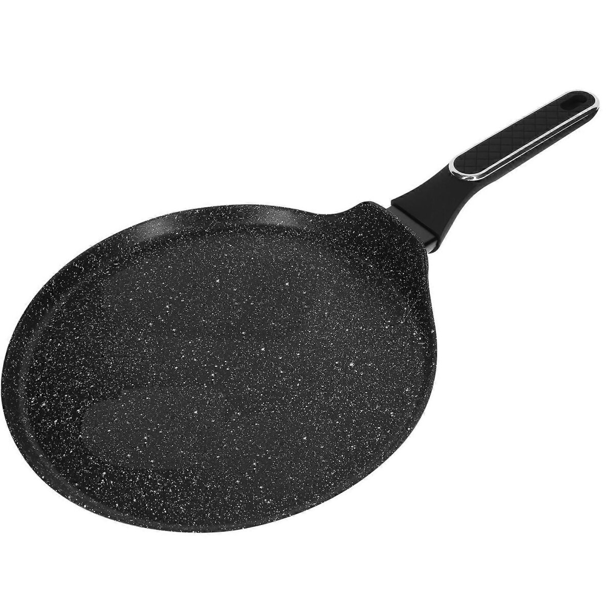 Schwarze Antihaft-Bratpfanne mit gesprenkelter Oberfläche und schwarzem Griff. Weißer Hintergrund.