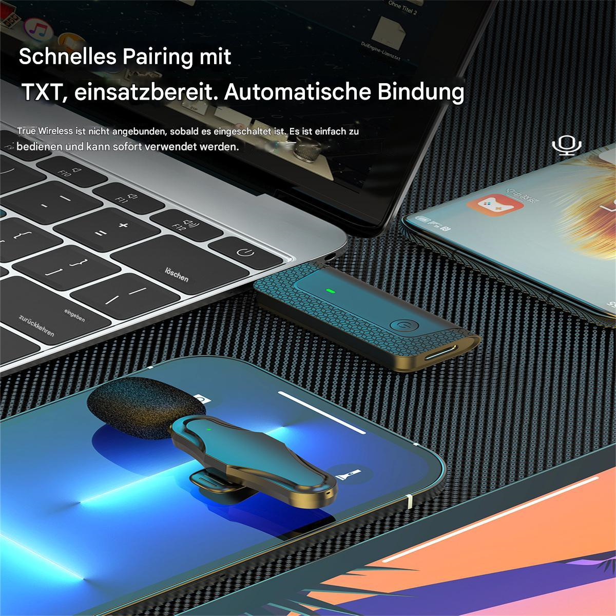 Kabelloses Mikrofon und Empfänger neben Laptop und Telefon.