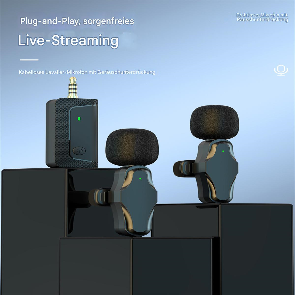 Schwarze drahtlose Mikrofone und ein Empfänger auf einer schwarzen Plattform. Text: Live-Streaming.