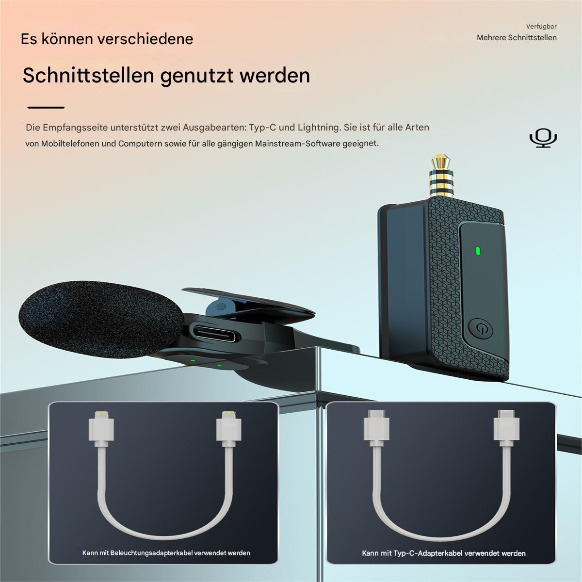 Ein kabelloses Mikrofon mit Ladekabeln und Produktdetails.