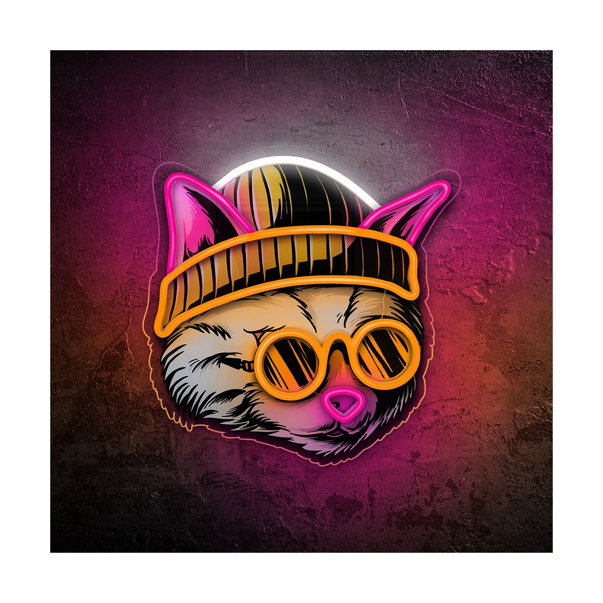 Neon-Katzenkopf mit Brille und Mütze. Pinkes und oranges Leuchten auf dunklem Hintergrund.