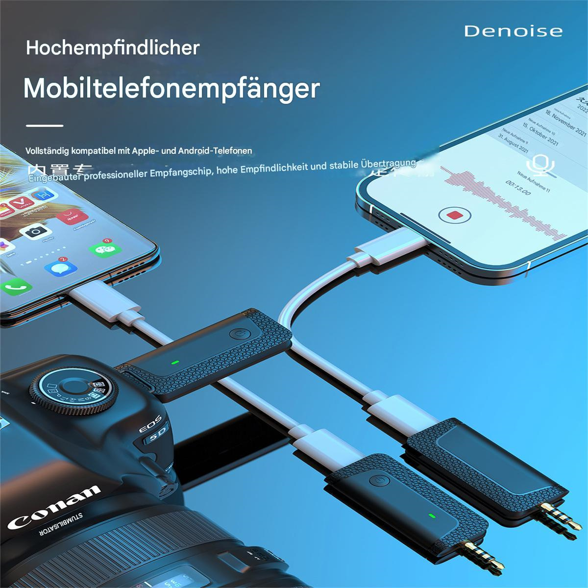 Zwei Smartphones, die über Kabel mit einem Gerät verbunden sind. Eine Kamera und ein Aufnahmegerät sind sichtbar.