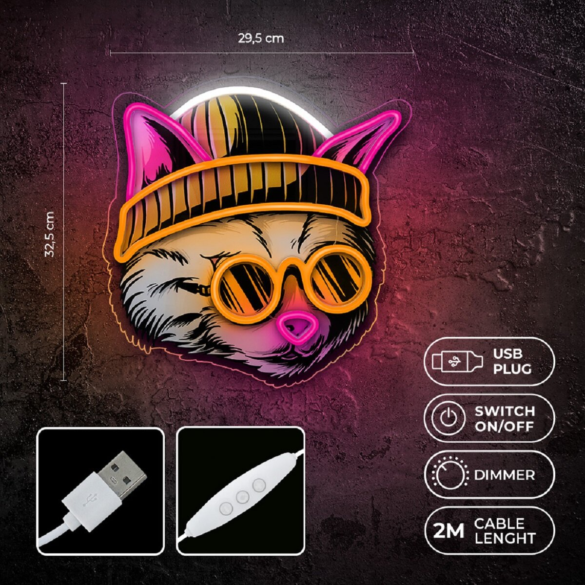 Ein Neon-Katzenkopf mit Abmessungen, USB-Stecker, Schalter, Dimmer und Kabellänge-Symbolen.