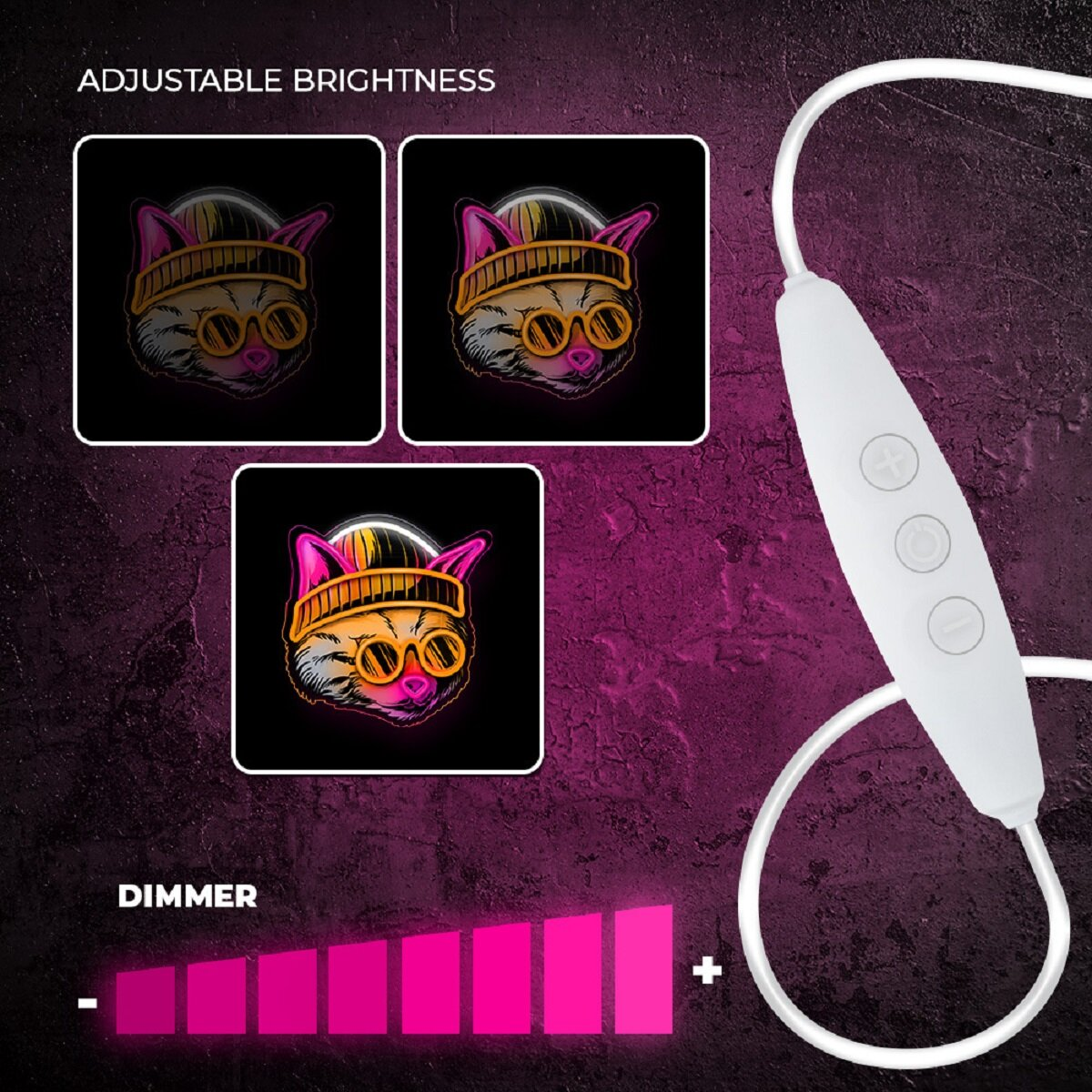 Grafiken, die eine Katze mit Hut und Sonnenbrille mit einstellbarer Helligkeit zeigen. Dimmer-Skala und Steuerung.
