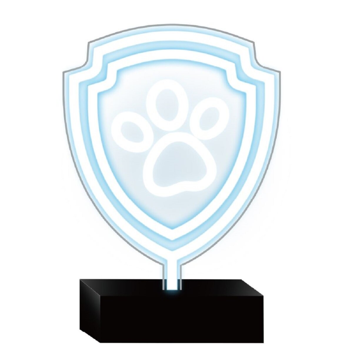 Niebieskie neonowe logo tarczy Paw Patrol na czarnej podstawie. Biały odcisk łapy.