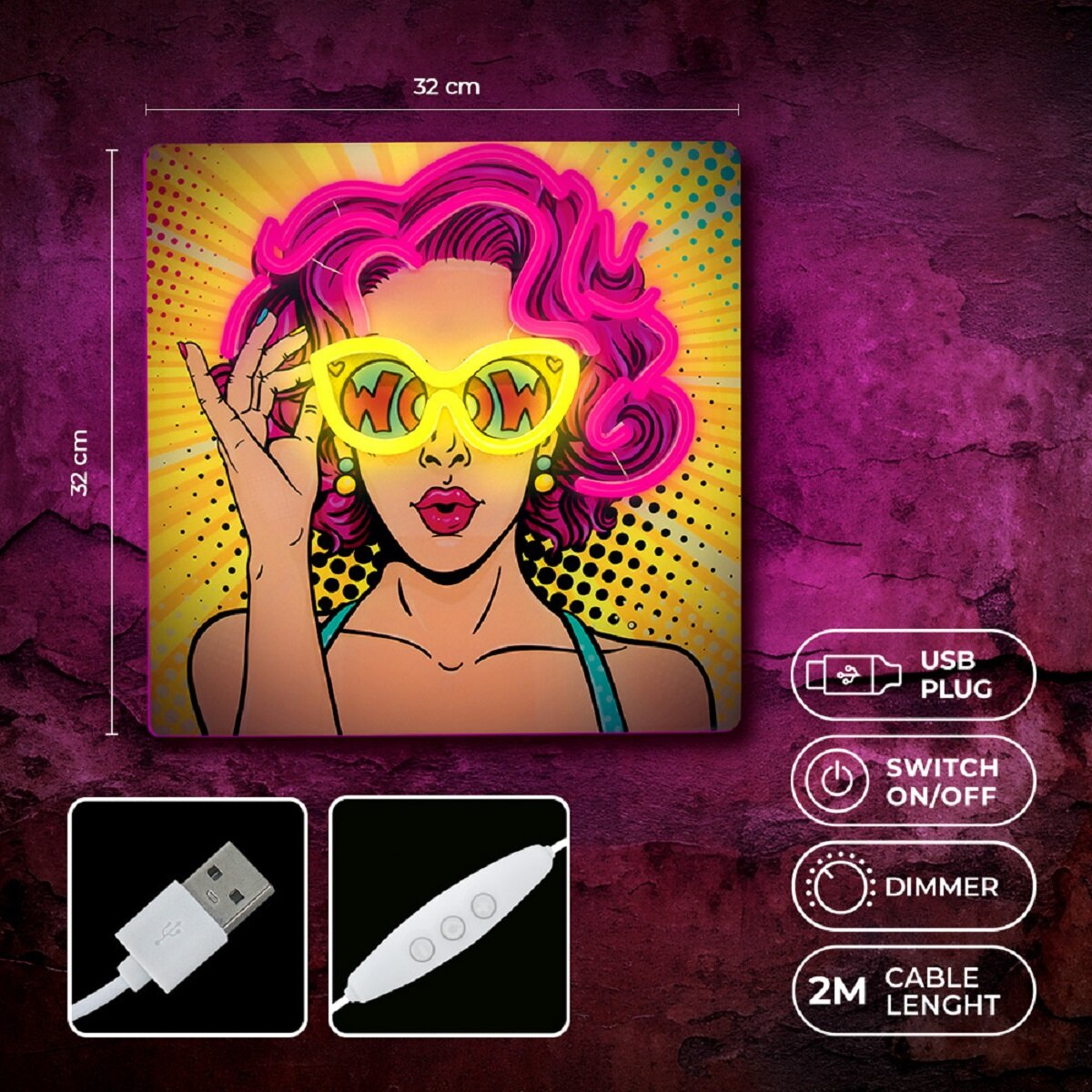 Insegna al neon in stile pop art di una donna con occhiali gialli. Spina USB, interruttore e dimmer.