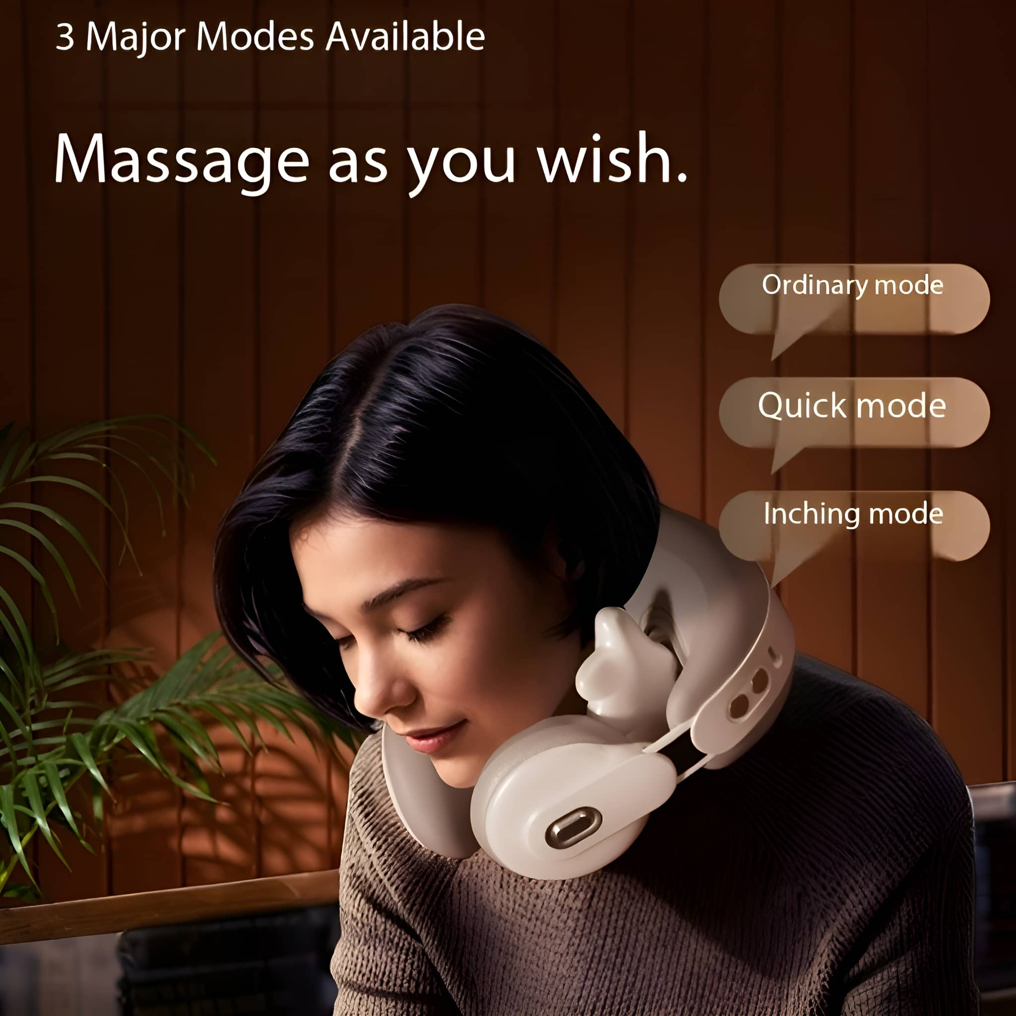 Eine Frau benutzt ein weißes Nackenmassagegerät. Text zeigt Massagemodi: normal, schnell und Kriechgang.