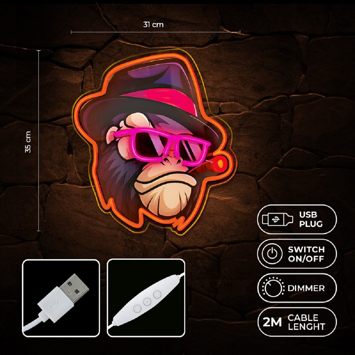 Neon-Affe mit Sonnenbrille und Hut. Oranger Umriss mit USB-Stecker und Dimmer. Gegen eine Backsteinmauer.