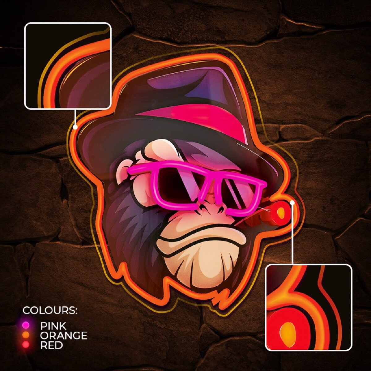 Affenlogo mit rosa Sonnenbrille und Zigarre. Farben: rosa, orange und rot auf Felsenhintergrund.
