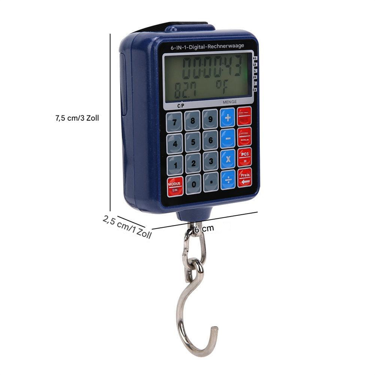 Eine digitale Taschenwaage mit blauem Gehäuse. Sie hat einen Haken und zeigt Zahlen und Einheiten.