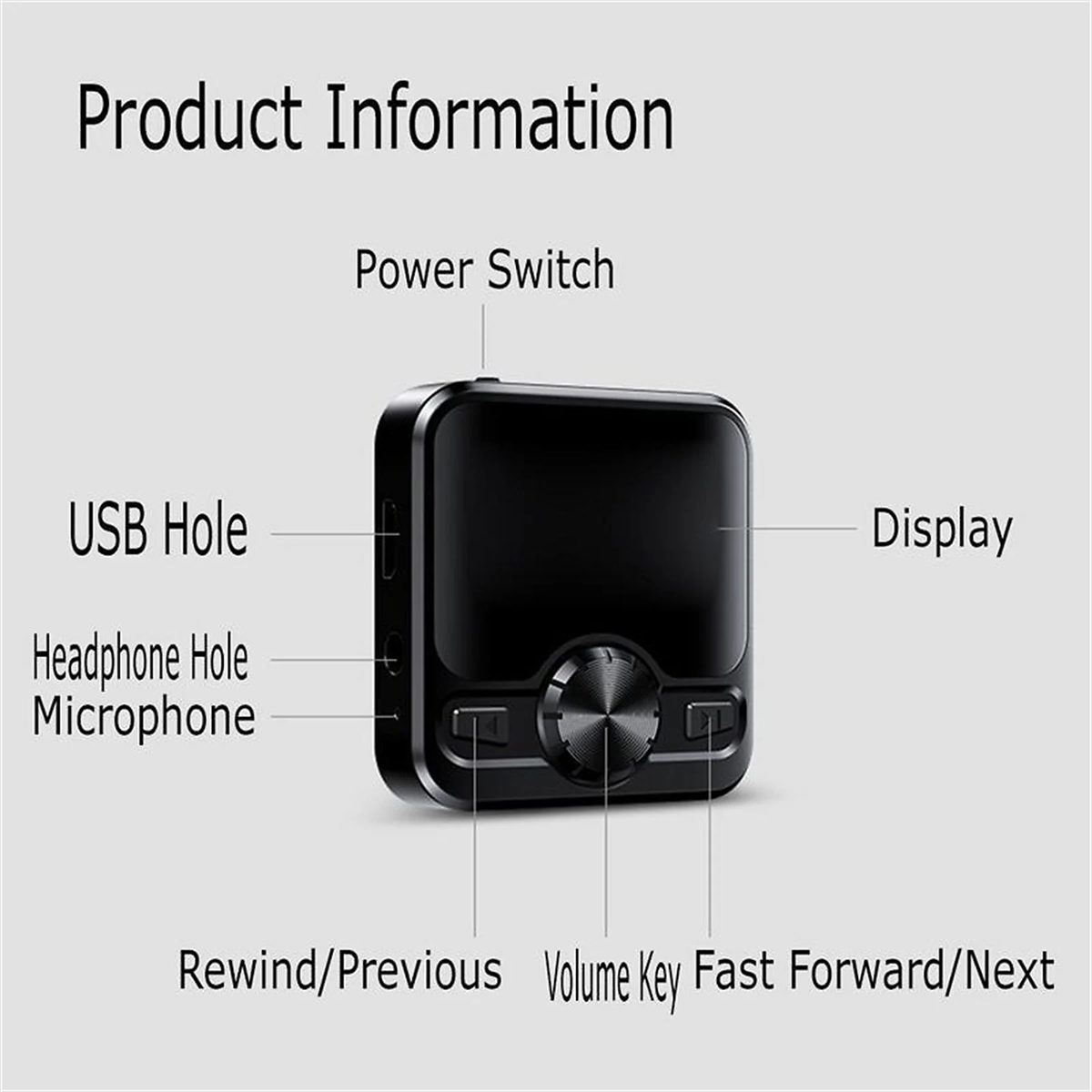Schwarzes Gerät mit beschrifteten Tasten und Display, Produktinformationen.