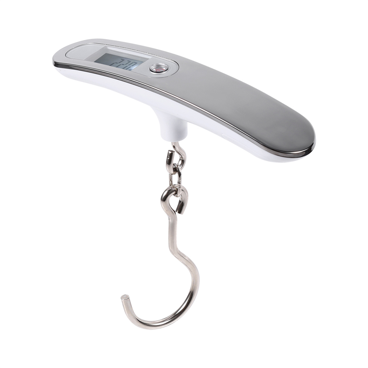 Handheld digitale Gepäckwaage. Es hat eine silberne Oberseite mit digitaler Anzeige und einen Haken unten.