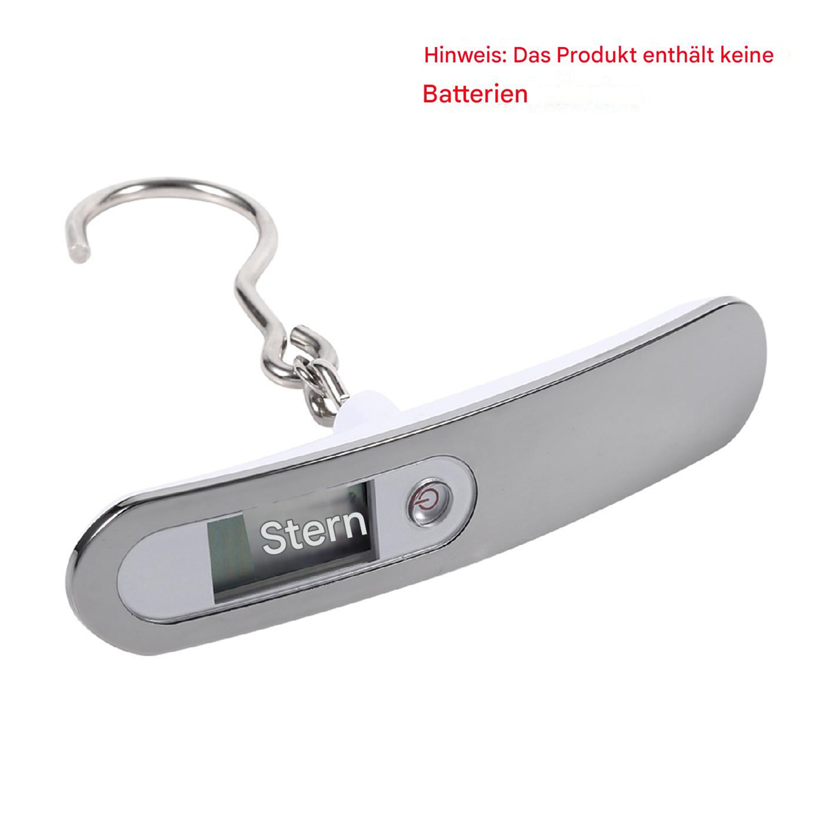 Eine silberne Stern-Gepäckwaage mit Digitalanzeige und Haken.