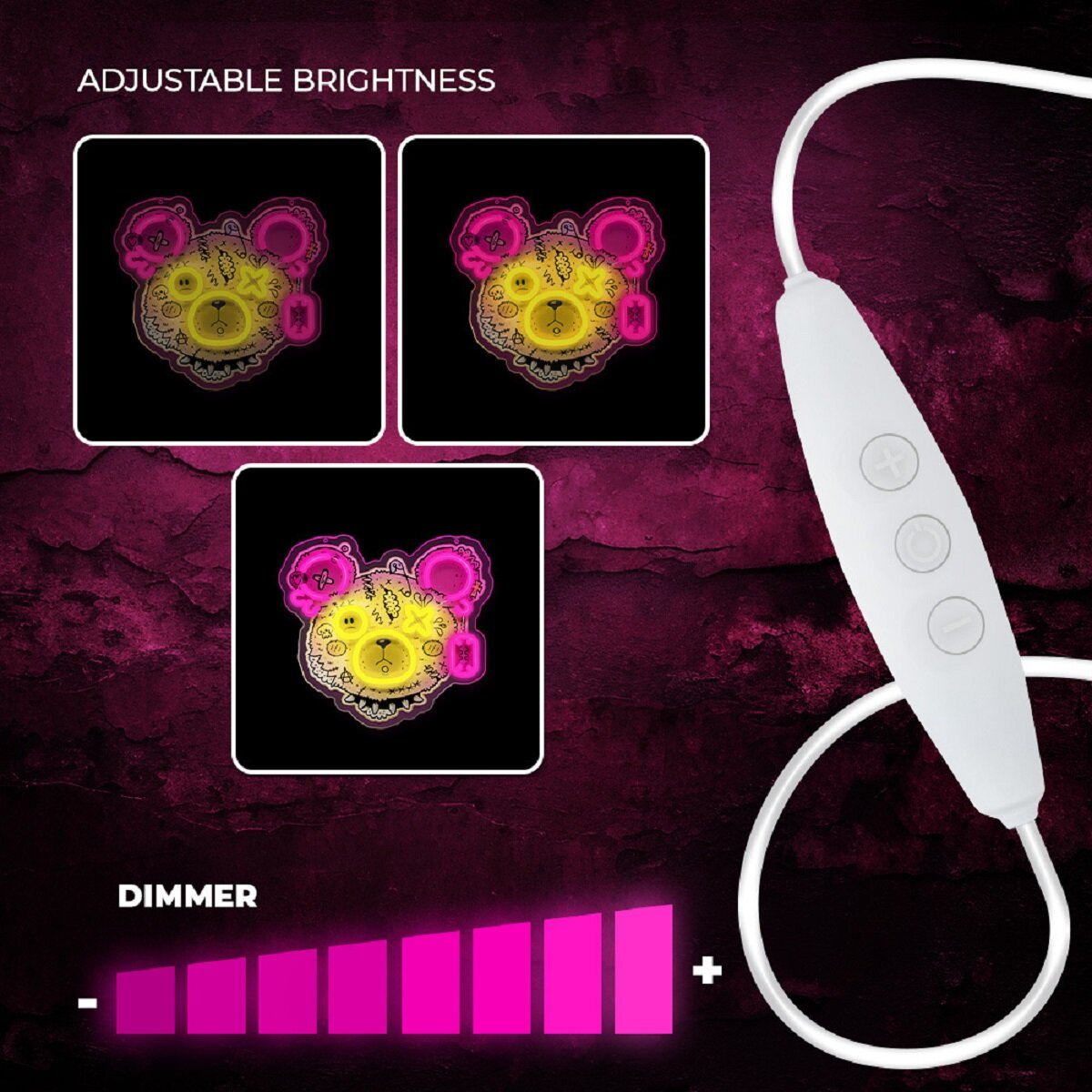 Auriculares con un panel de control que muestra tres ajustes de brillo diferentes.