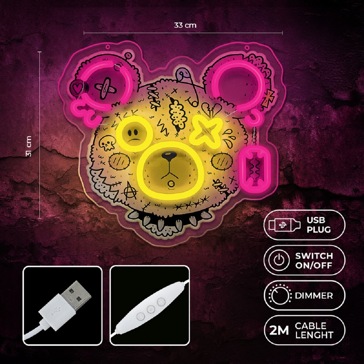 Cabeza de oso de neón. Orejas y ojos rosas. Una cara amarilla y un enchufe USB. 33cm x 31cm.