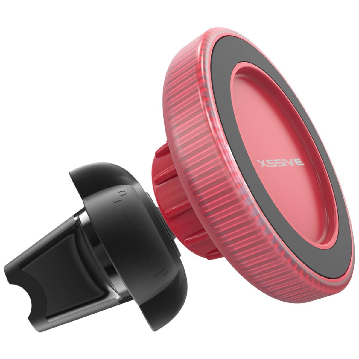 Roter und schwarzer Autotelefonhalter. Er hat ein XSSIVE-Logo und eine Magnethalterung zur Befestigung eines Telefons.