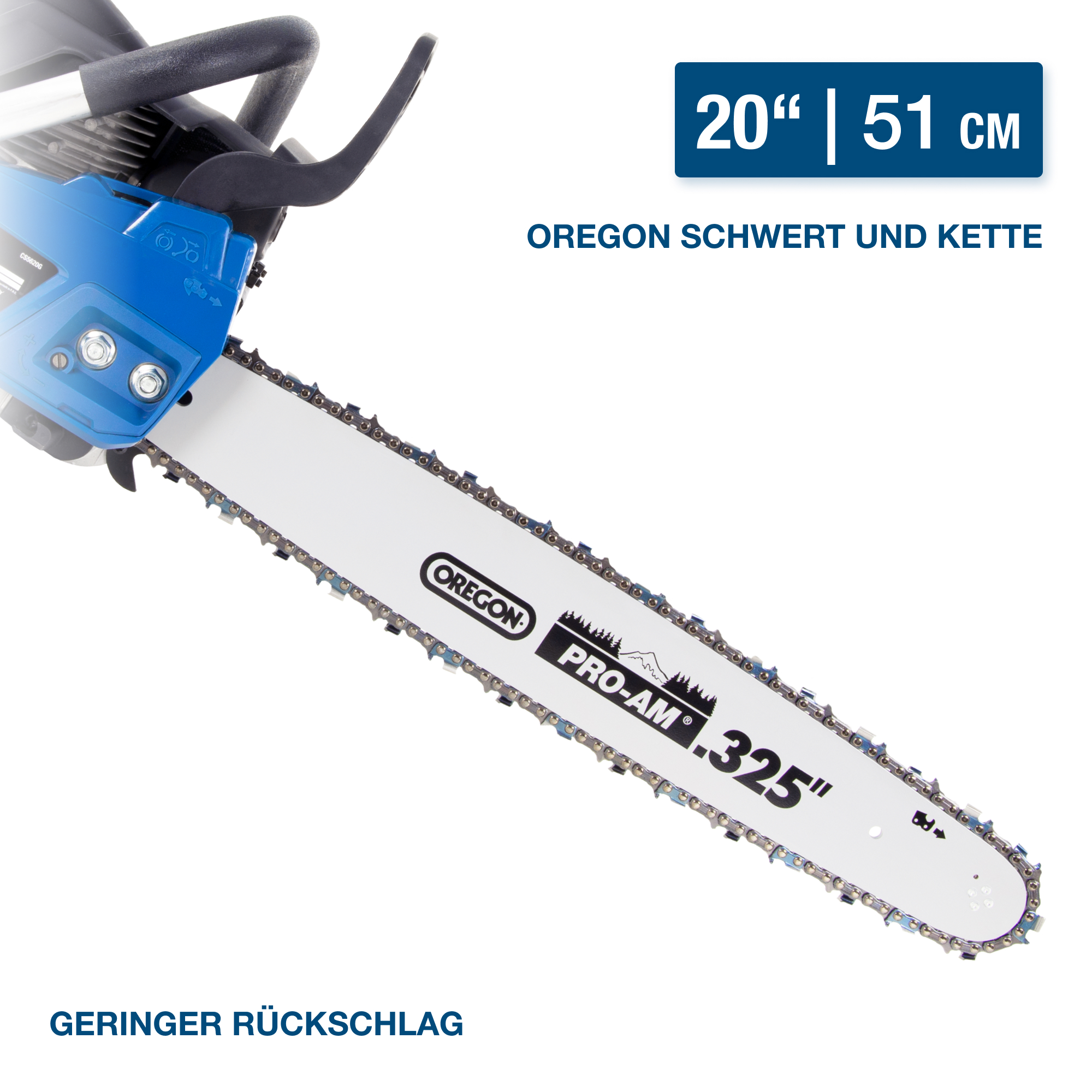 Blaue und weiße Kettensäge mit 20-Zoll-Klinge, beschriftet mit 'OREGON' und 'PRO-AM'.