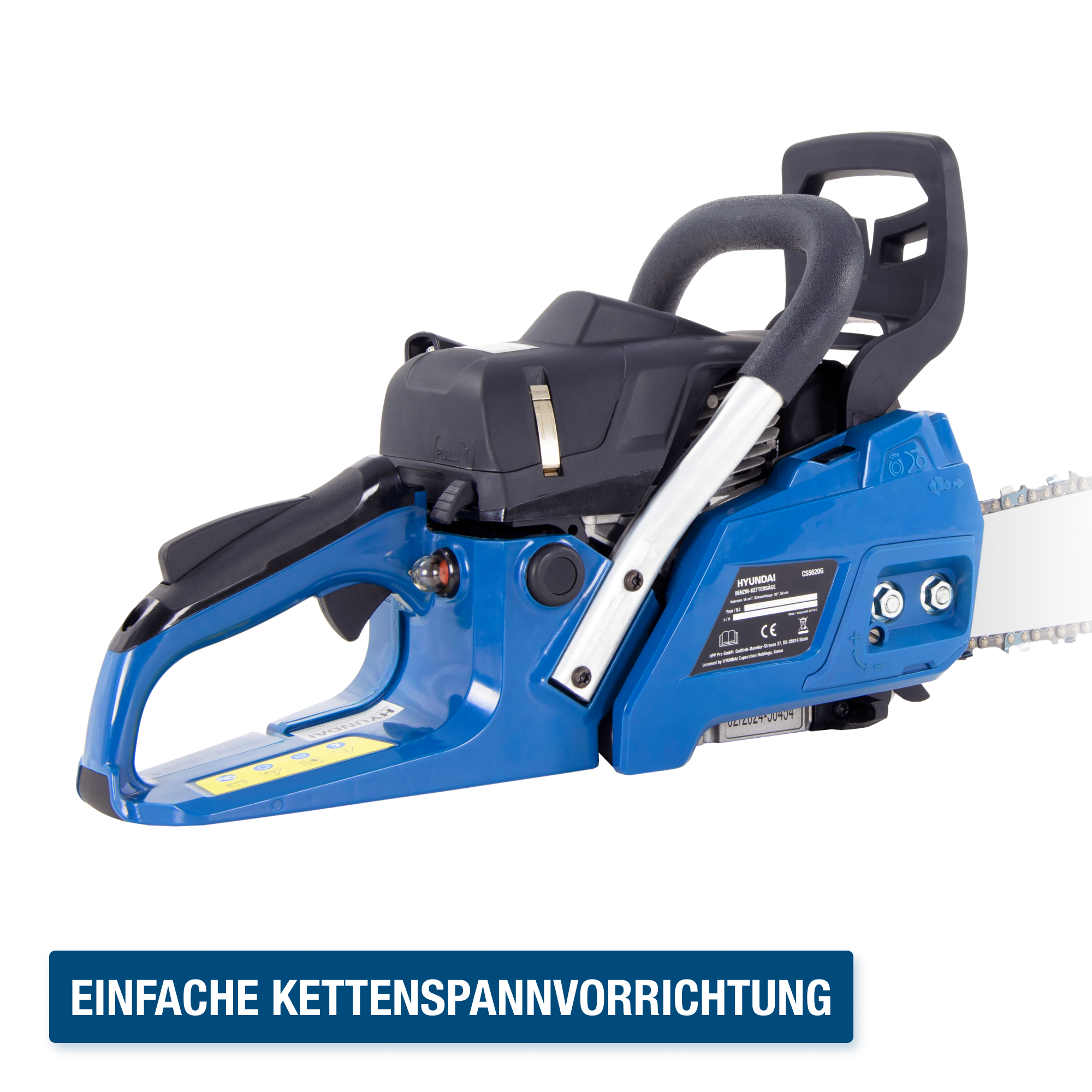 Blaue und schwarze Kettensäge mit schwarzem Griff, Text: Einfache Kettenspannvorrichtung.
