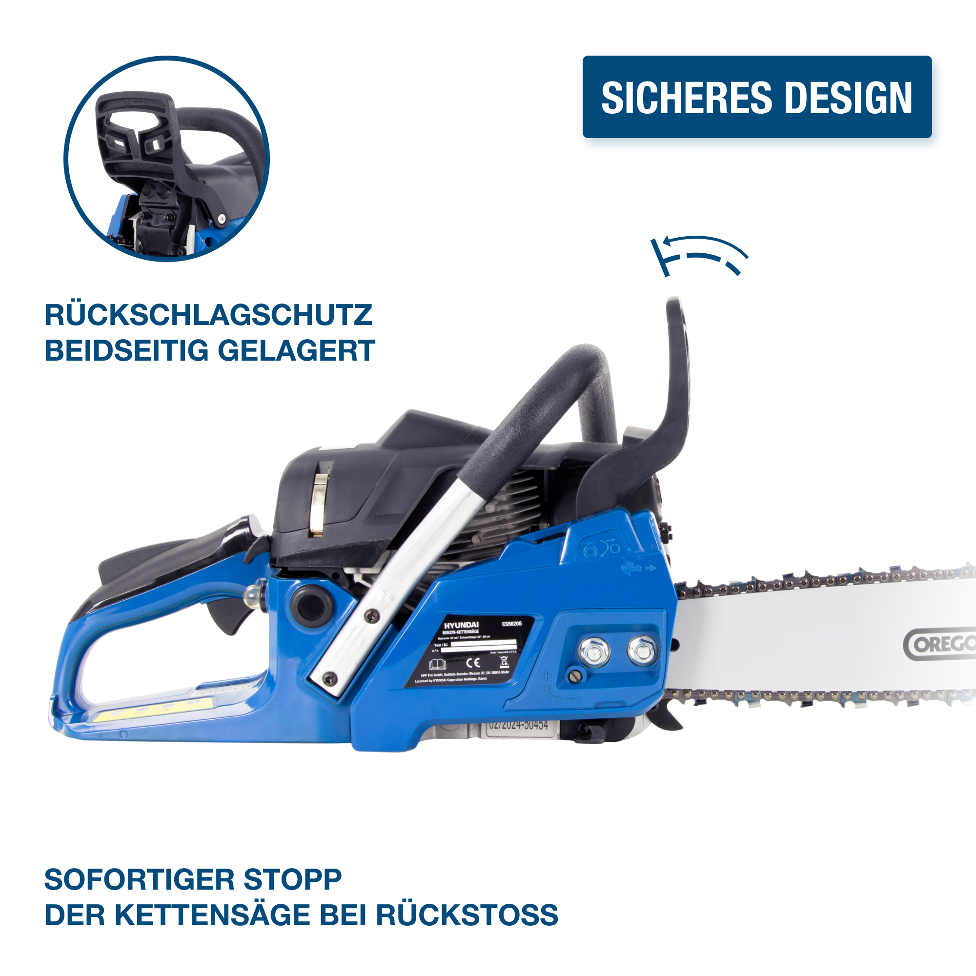 Eine blaue Kettensäge mit schwarzen Griffen und Sicherheitsmerkmalen.
