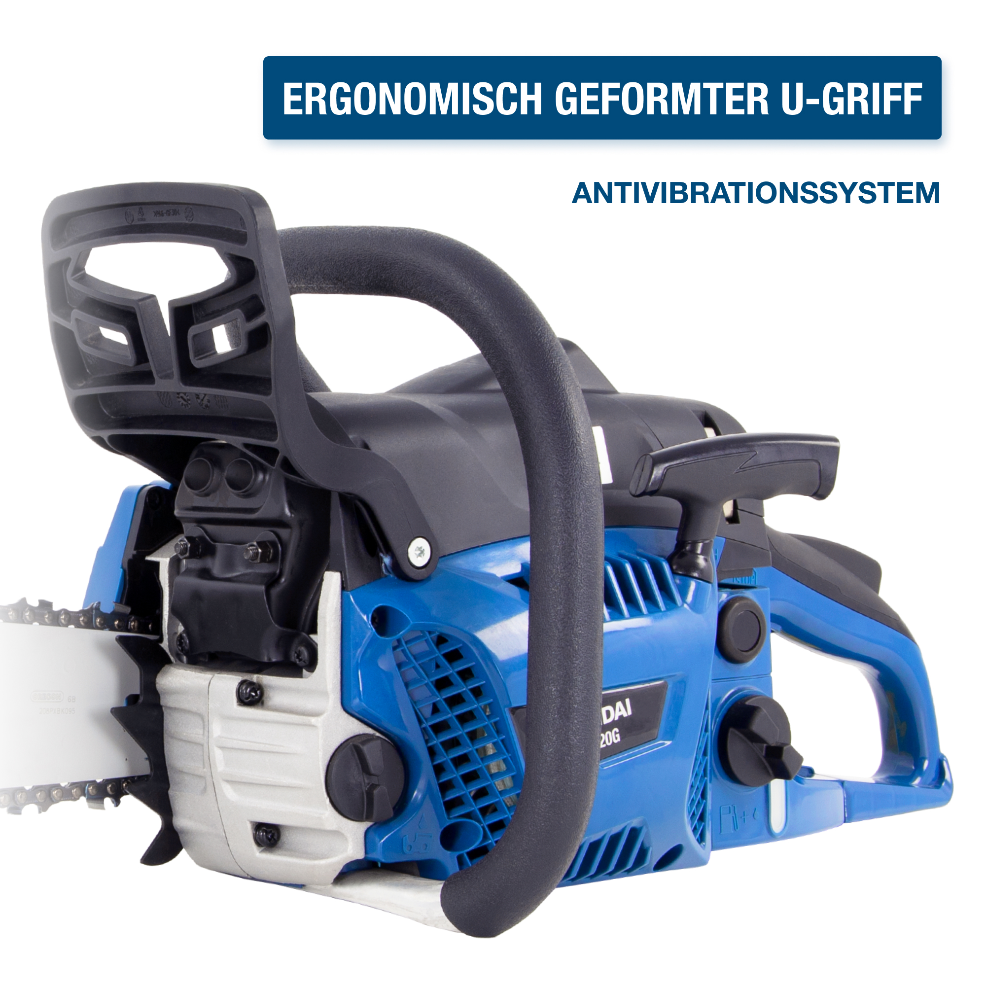 Blaue und schwarze Kettensäge mit U-förmigem Griff. Text: Ergonomisch geformter U-Griff, Anti-Vibrationssystem.