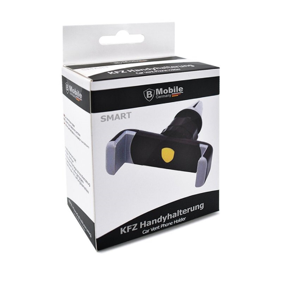 Verpackter Handyhalter für die Lüftung im Auto. Produkt ist weiß mit Markenname und Produktbeschreibung.