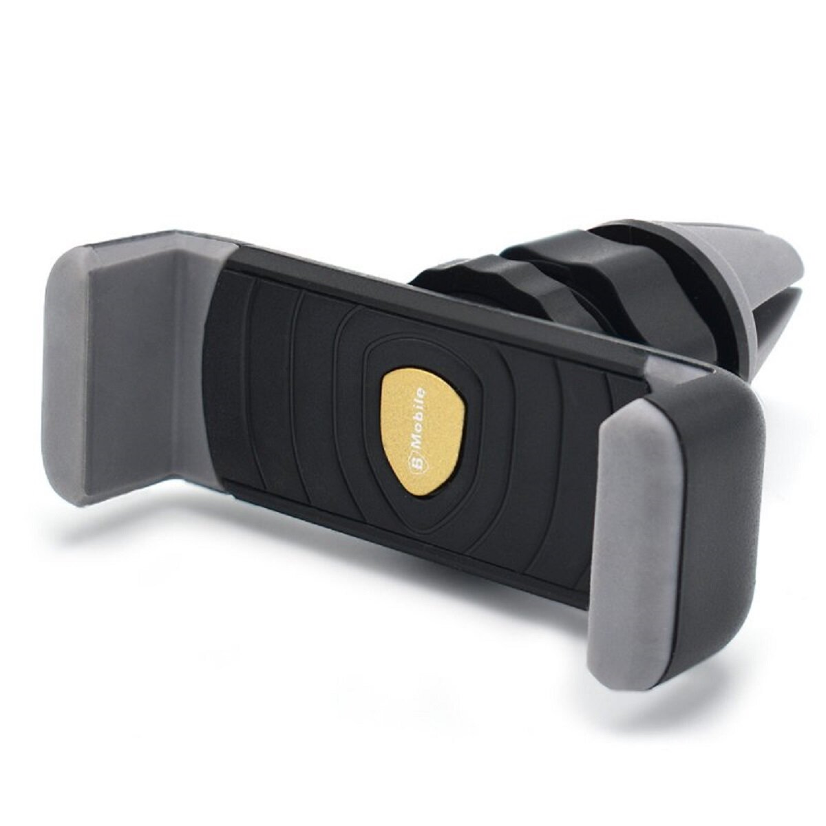 Schwarzer und grauer Autotelefonhalter mit goldenem Logo, schräge Ansicht.