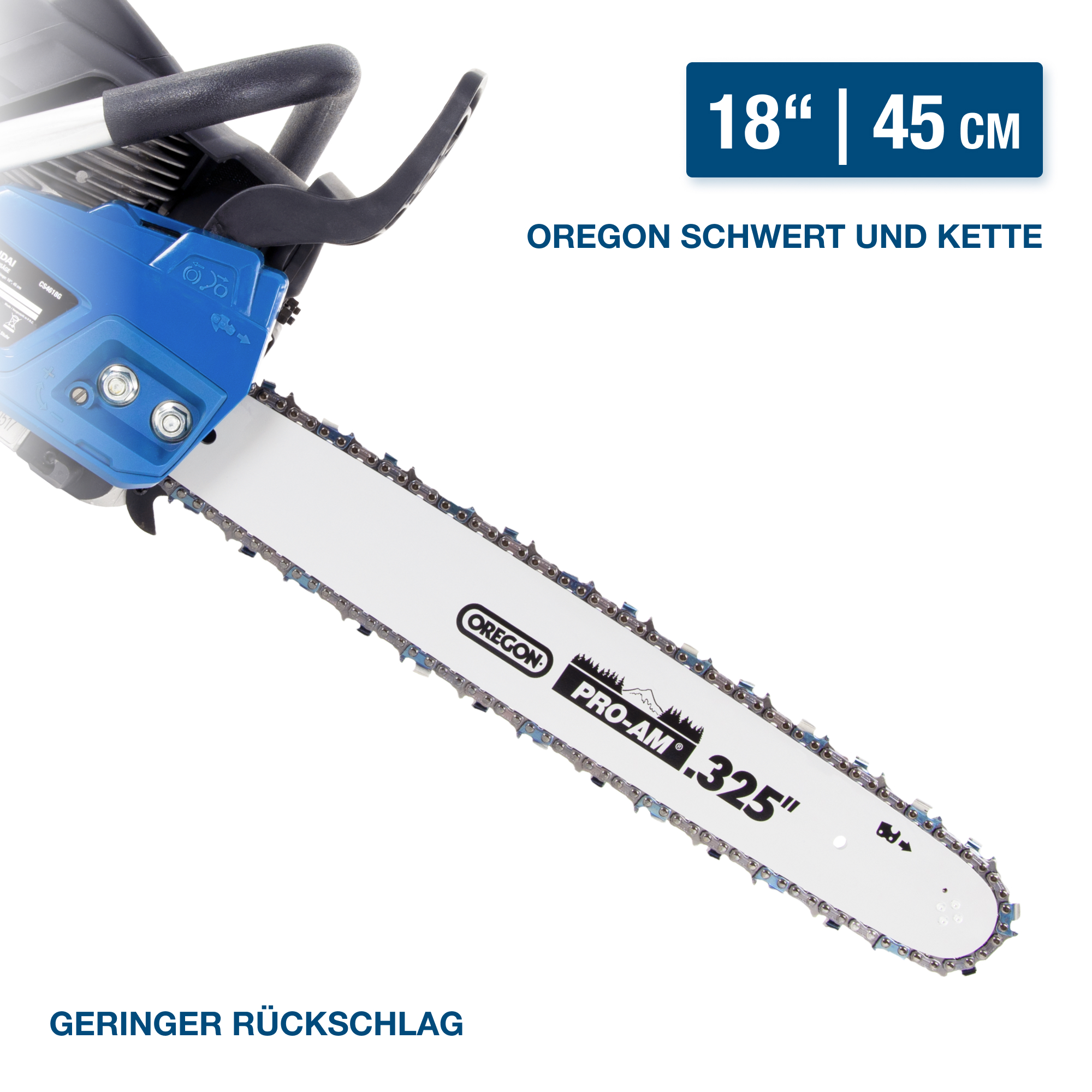 Eine blaue Kettensäge mit weißem Blatt. Text sagt 'OREGON' und '18" | 45 CM' und 'GERINGER RÜCKSCHLAG'.