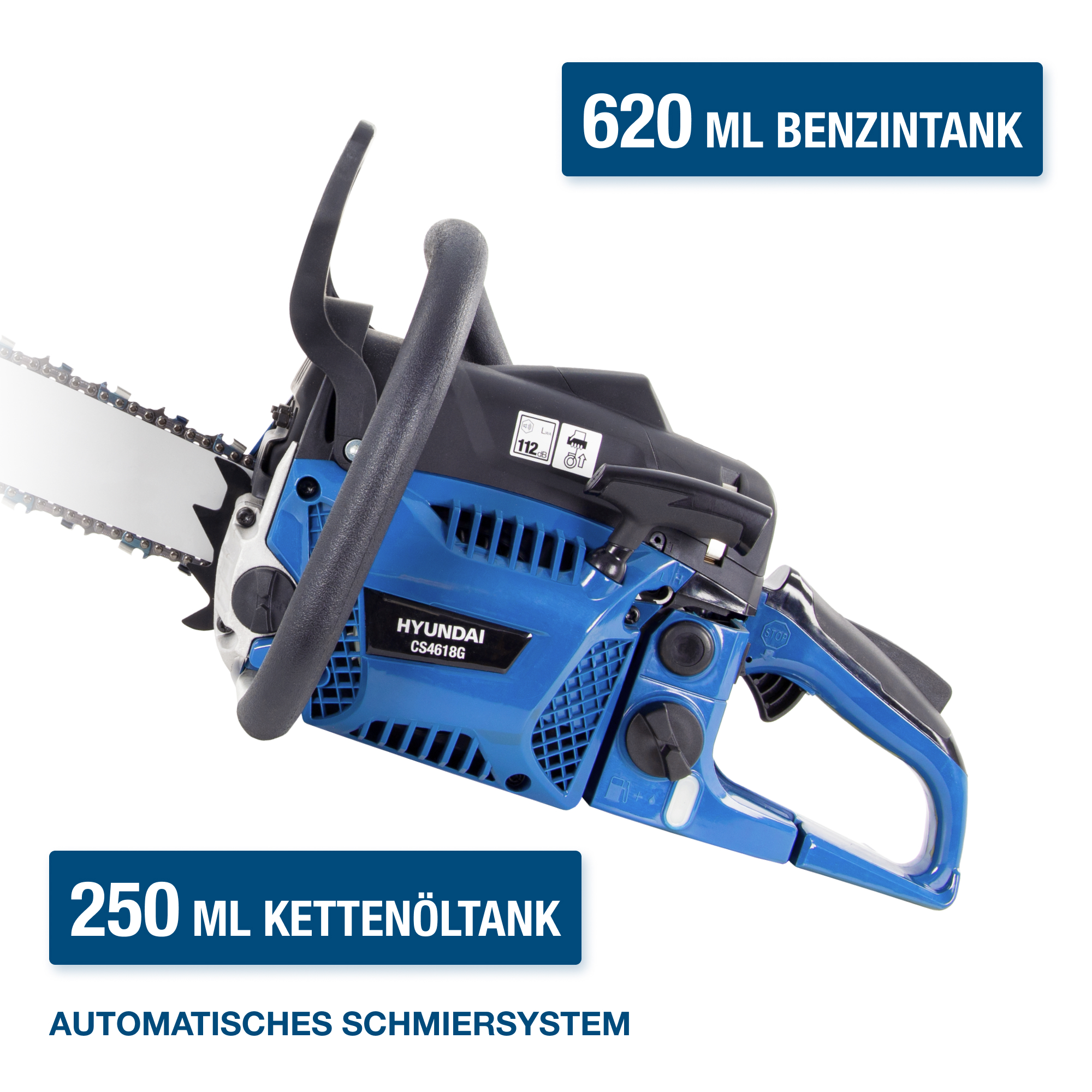 Blaue und schwarze Kettensäge mit blauem und schwarzem Griff und Etiketten.