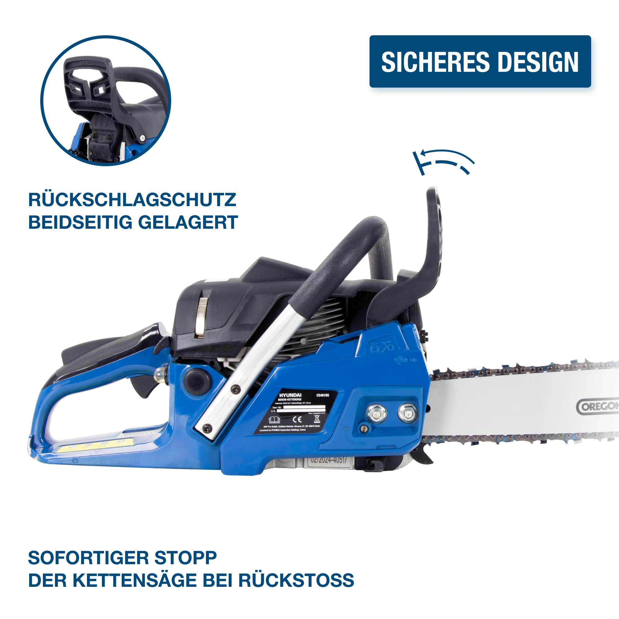 Blaue und schwarze Kettensäge mit Sicherheitsmerkmalen, Nahaufnahme des Werkzeugs mit Text.