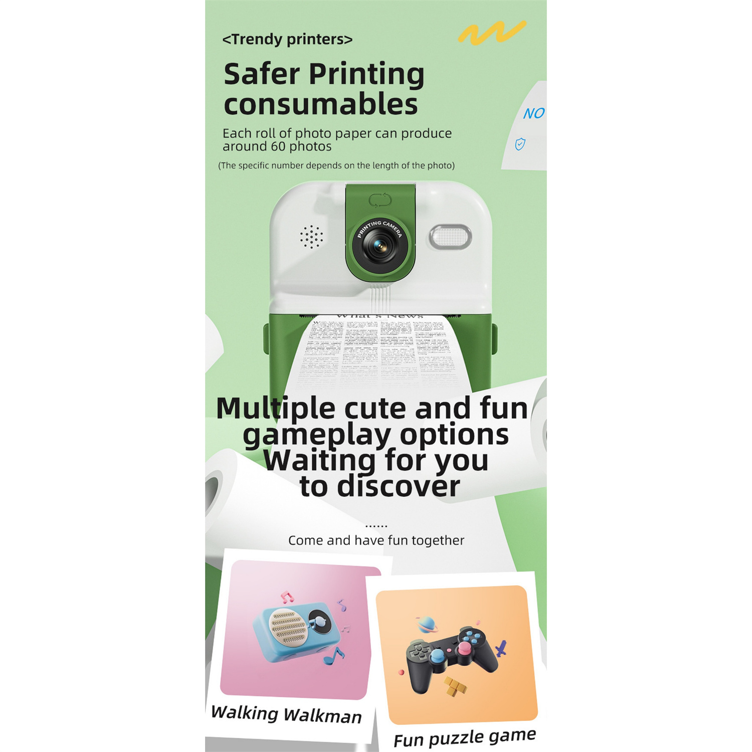 Weiße und grüne Kamera mit Fotopapier, zwei Spielzeugen und Text auf hellgrünem Hintergrund.
