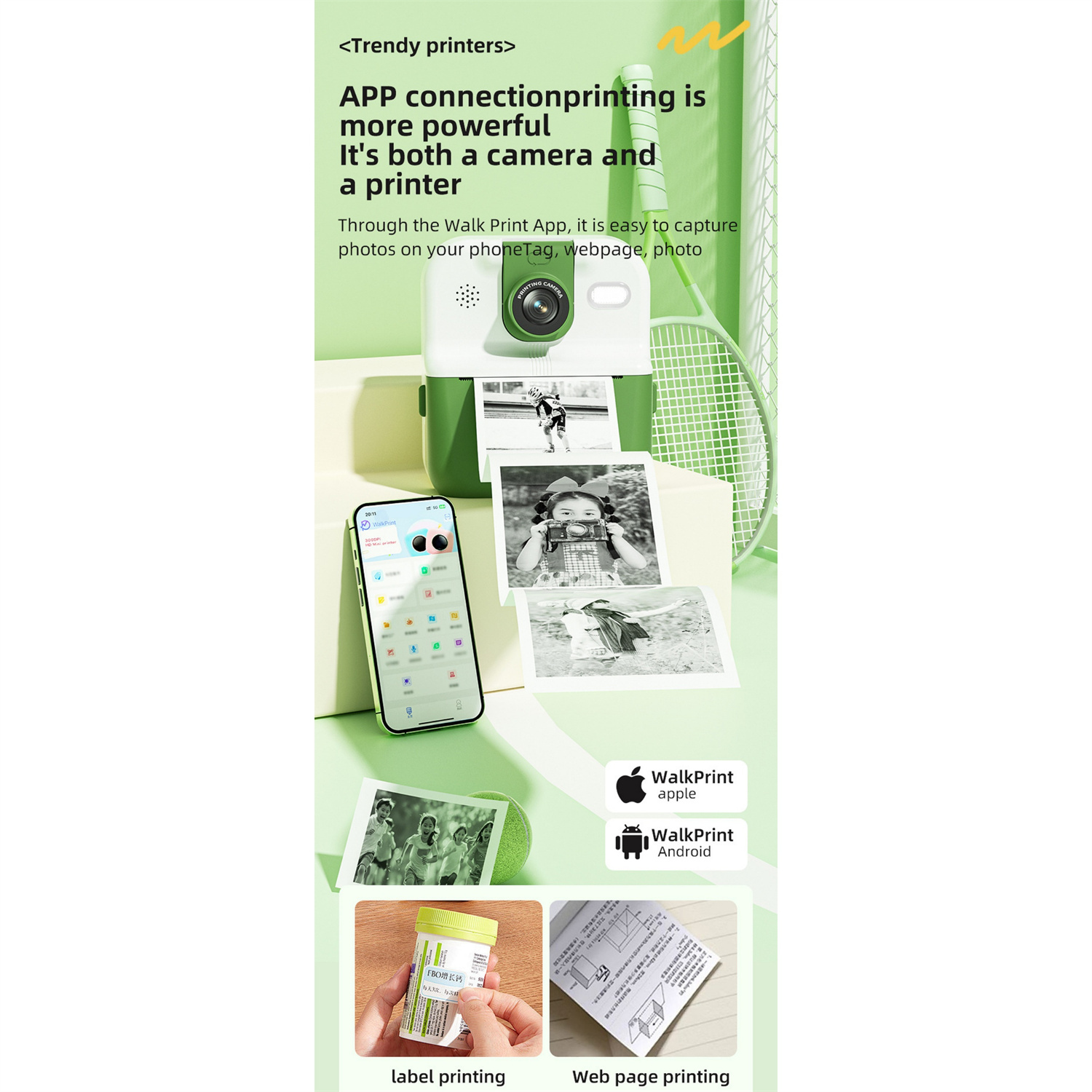 Ein weißer und grüner Drucker, ein Telefon und Fotos werden angezeigt. Text wirbt für 'APP-Verbindungsdruck'.