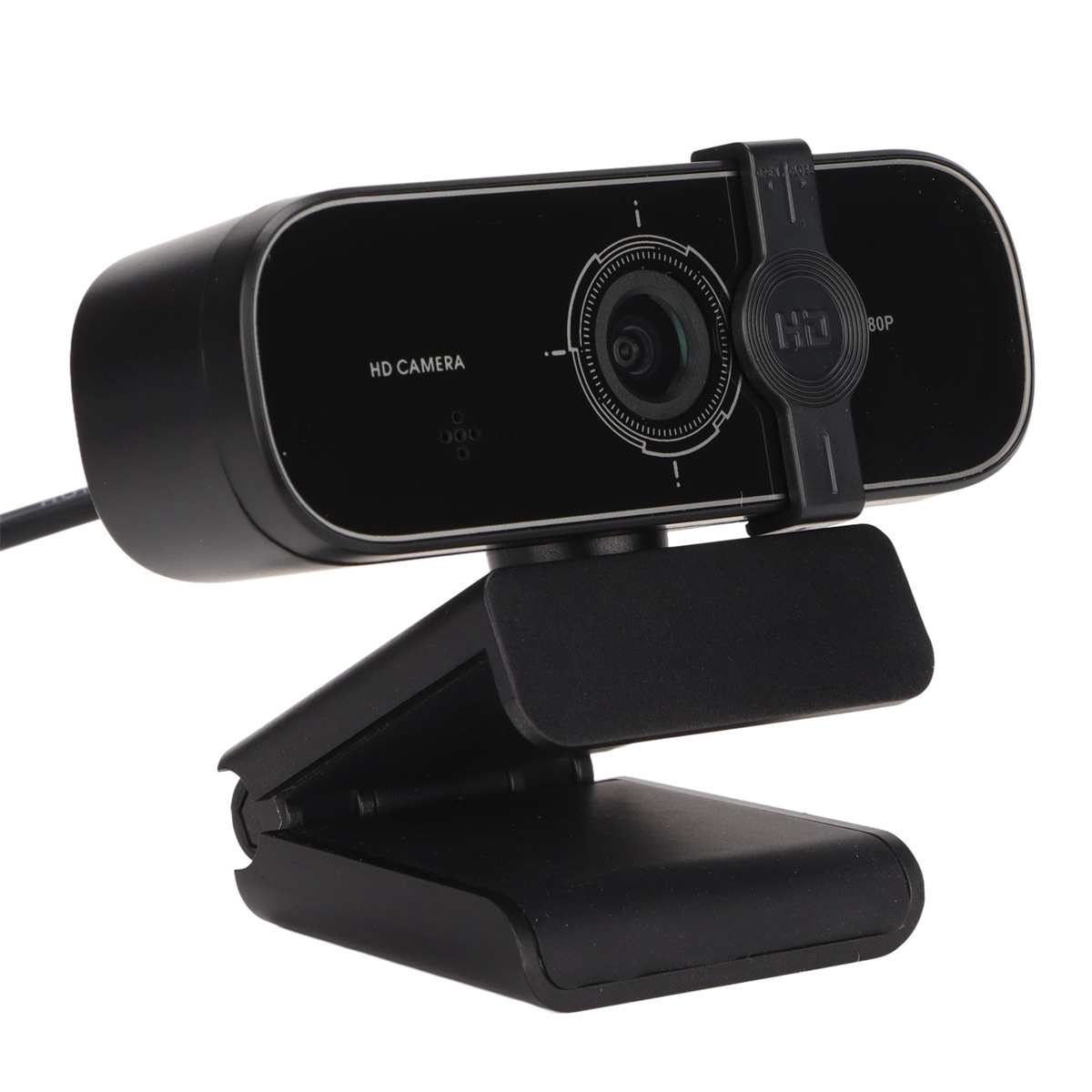 Eine schwarze HD-Kamera mit Objektiv und Ständer. Auf der Vorderseite steht HD CAMERA.