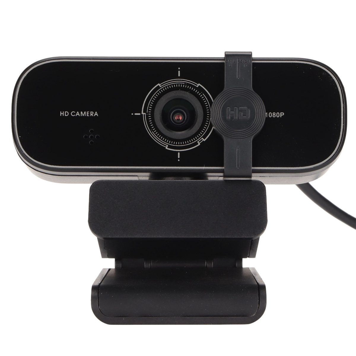 Schwarze HD-Webcam mit eingebautem Mikrofon, montiert auf einem Ständer. Weißer Hintergrund.