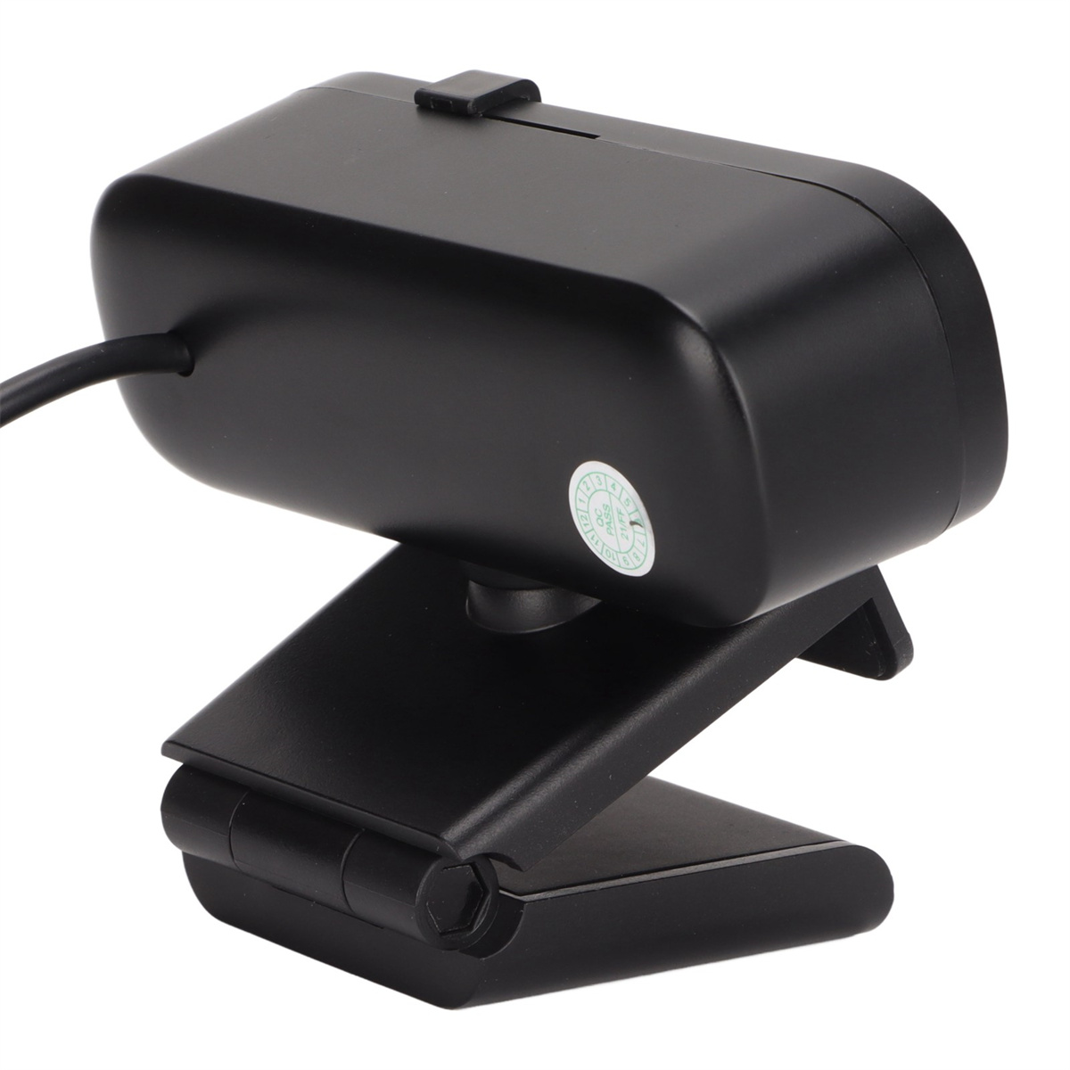 Eine schwarze Webcam mit Schwenkfuß, schwarzem Kabel und Etikett.