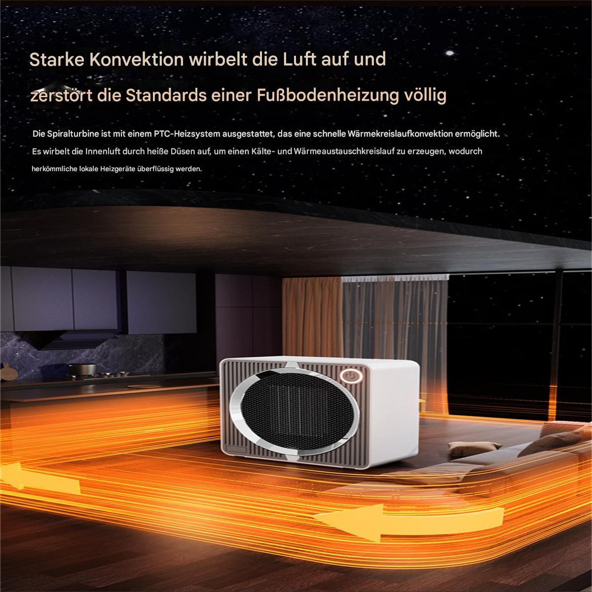 Ein weißer Heizkörper in modernem Ambiente mit orangefarbenen Lichtspuren und einem beleuchteten Raum.