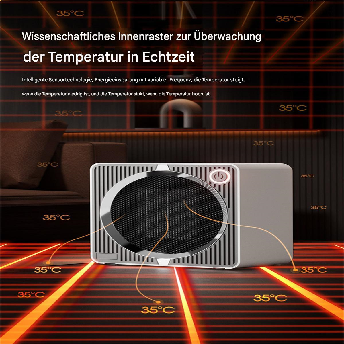 Ein Elektroheizer mit schwarzer Front und grauem Gehäuse. Zeigt 35°C und steht auf einem roten Gitter.