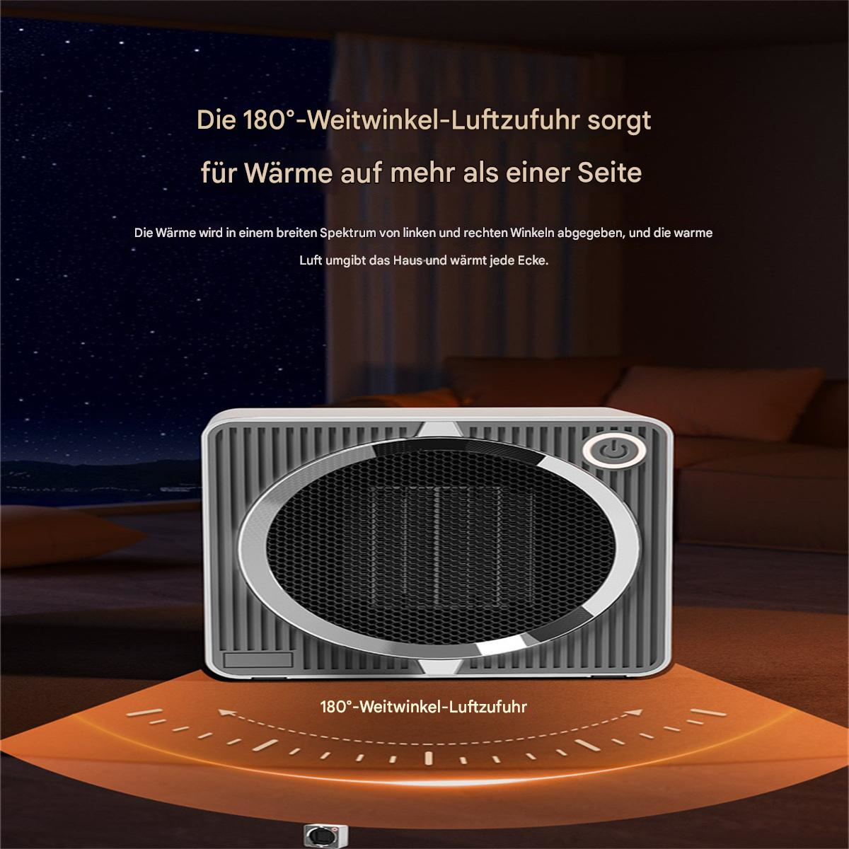 Ein weiß-grauer Heizlüfter mit 180-Grad-Luftstromdesign, mit Lichteffekten.